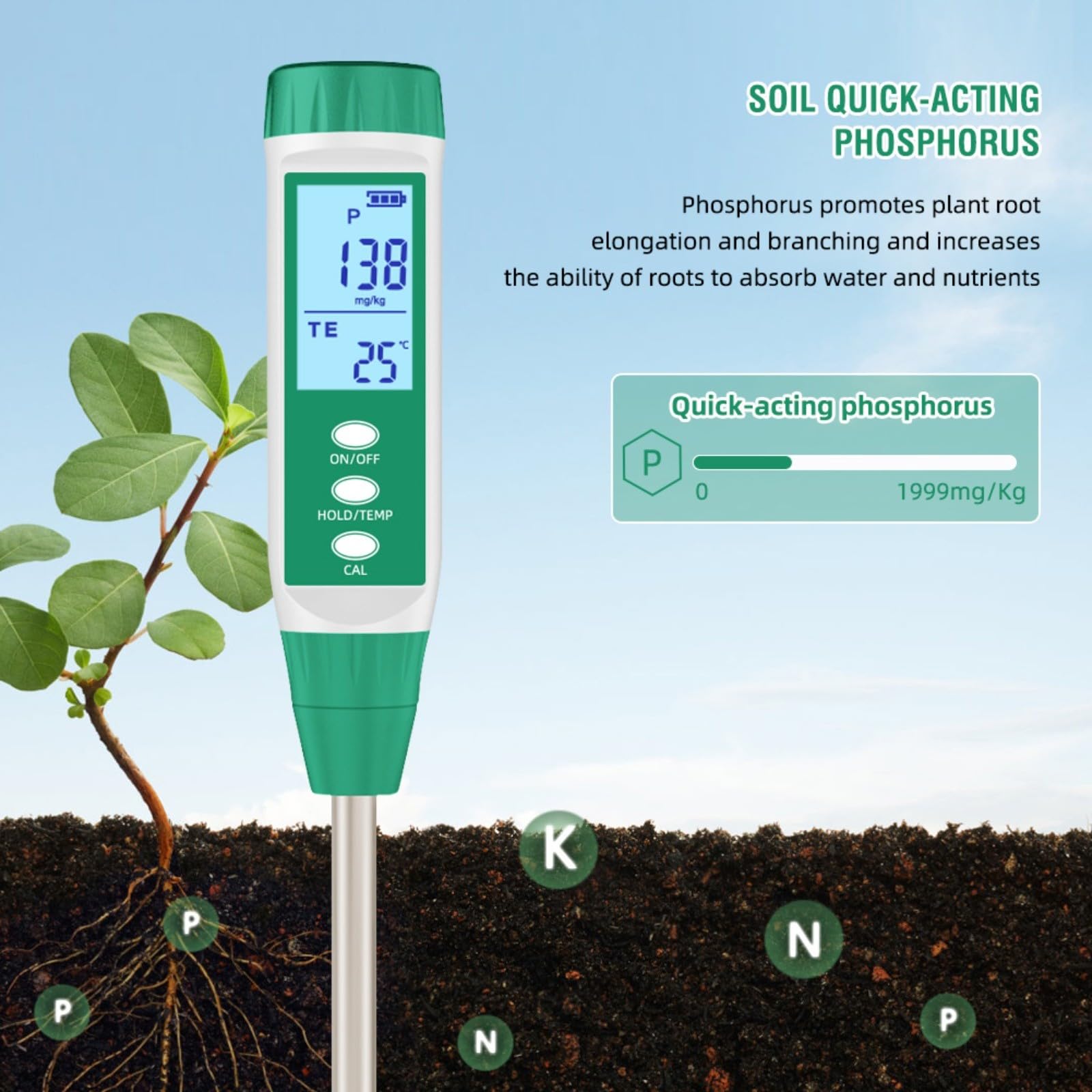 Probador digital de nutrientes del suelo con retroiluminación LCD para horticultura y agricultura, mide N/P/K y temperatura, sensor de alta precisión (probador de fósforo)