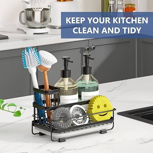 Miniatura 5 de Moderno organizador de fregadero de cocina, soporte de esponja para fregadero de cocina con bandeja de drenaje, resistente al óxido, antideslizante,