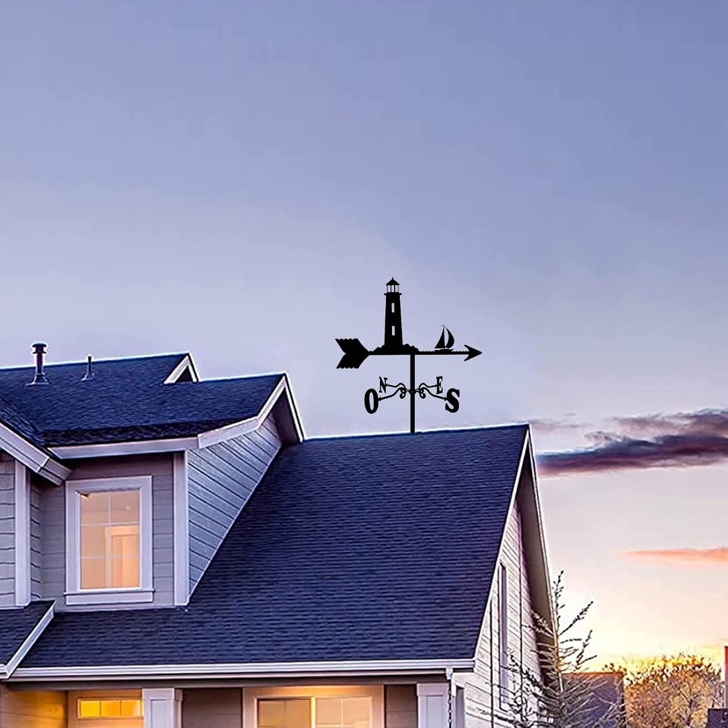 Metal Weathervane, Stainless Steel Weather Vane with Roof Mount Outdoor Farm Yard Garden Decorations, lighthouse Wind Direction Indicators,Style 1