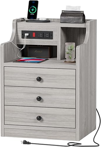 Miniatura 7 de ADORNEVE Mesita de noche con estación de carga,Mesita de noche negra para dormitorio,Mesa auxiliar con gabinete y cajones de almacenamiento