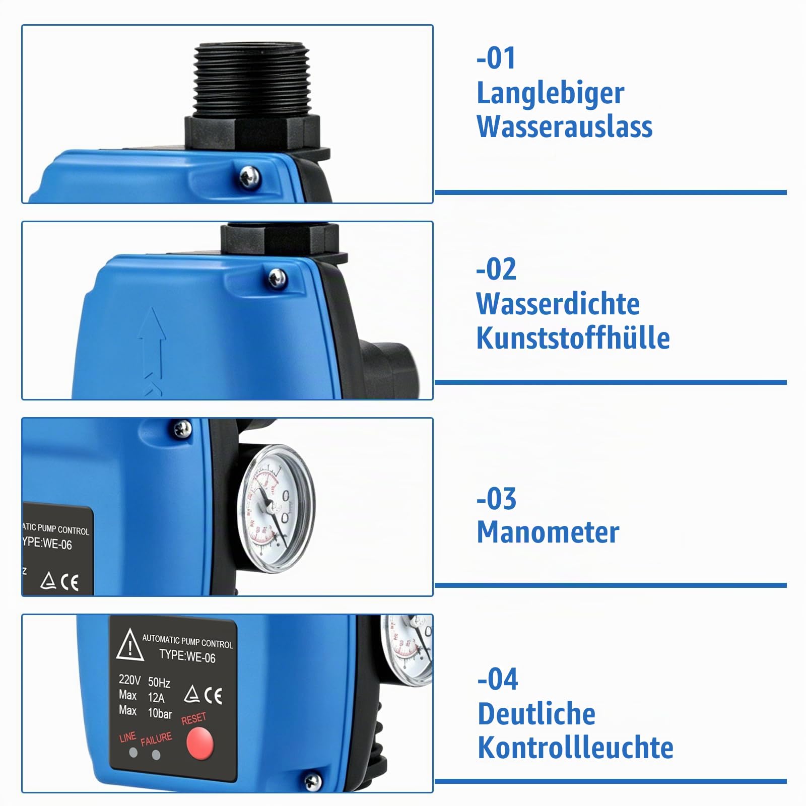 Pumpensteuerung Druckschalter mit Manometer - Druckschalter Wasserpumpe, Automatischer Pumpendruckregler, Druckwächter Druckschalter 10 bar Durchflusswächter für Hauswasserwerk Kreiselpumpe Gartenpump