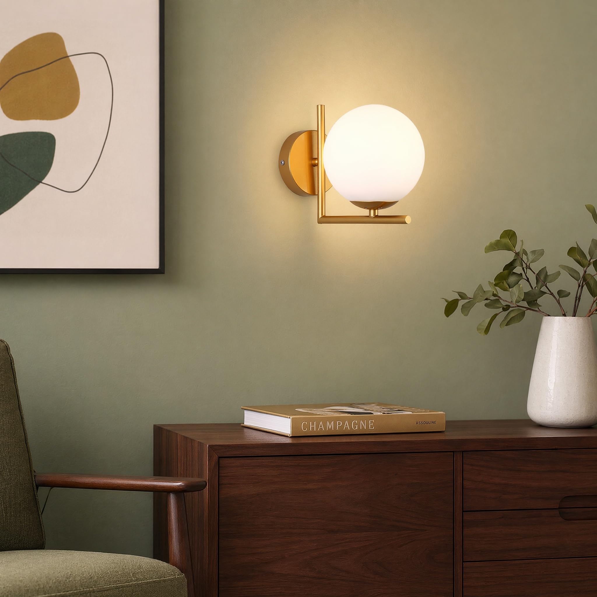 Aplique de pared con bola de cristal blanco, globo de cristal blanco con base dorada, lámpara de pared para cabecera (Dorado)