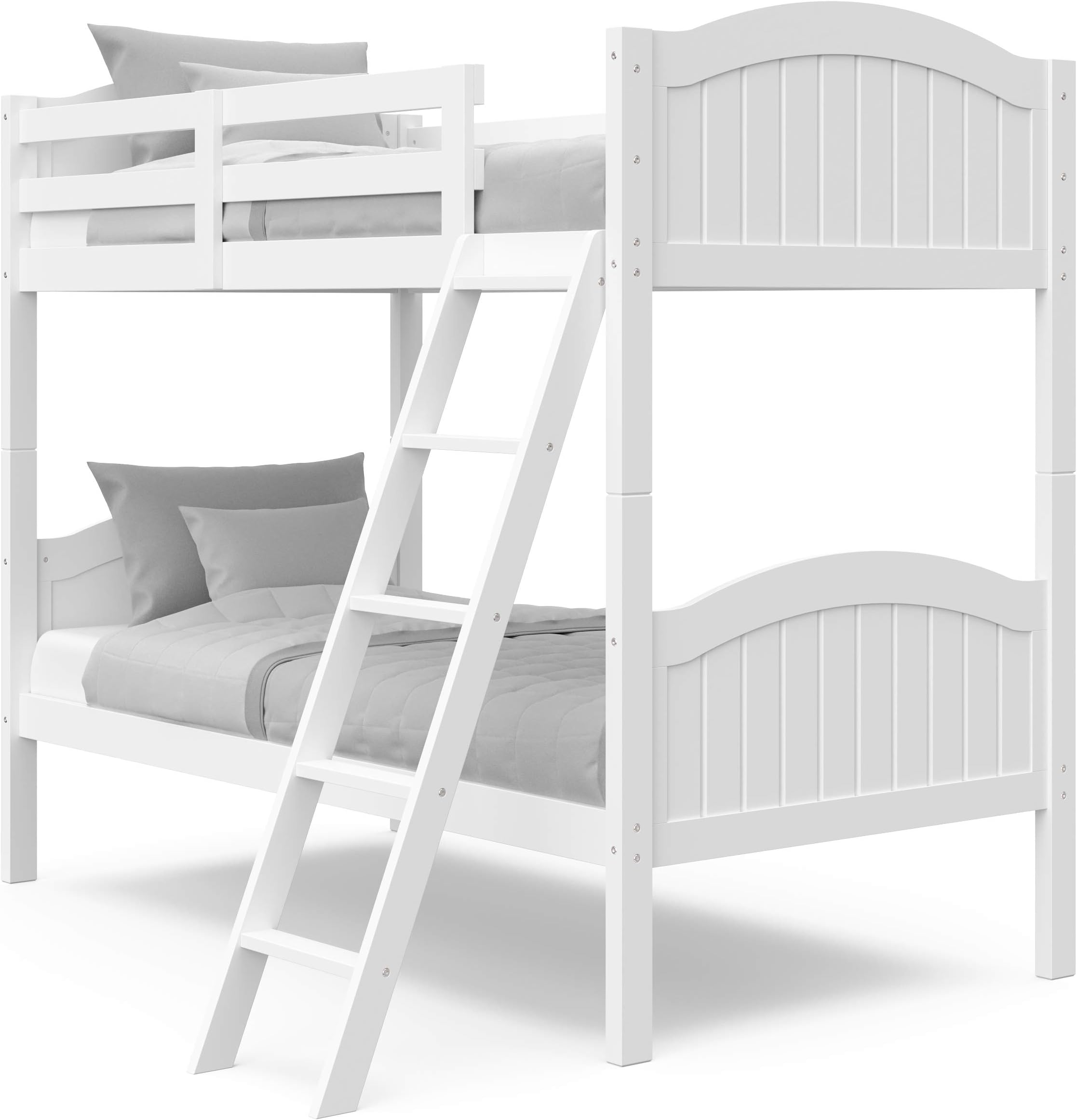 Lenox Solid Hardwood Twin Bunk Bed (White) - with Ladder and Full-Length Safety Rail