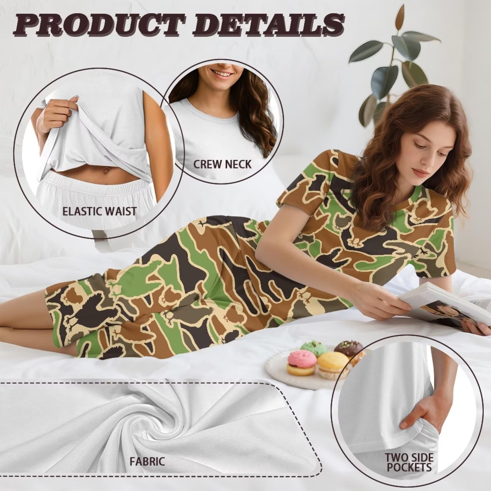 Binienty Ensemble de pyjama 2 pièces pour femme, vêtement de nuit à manches courtes avec pantalon capri et poches, vêtement d'été doux et respirant