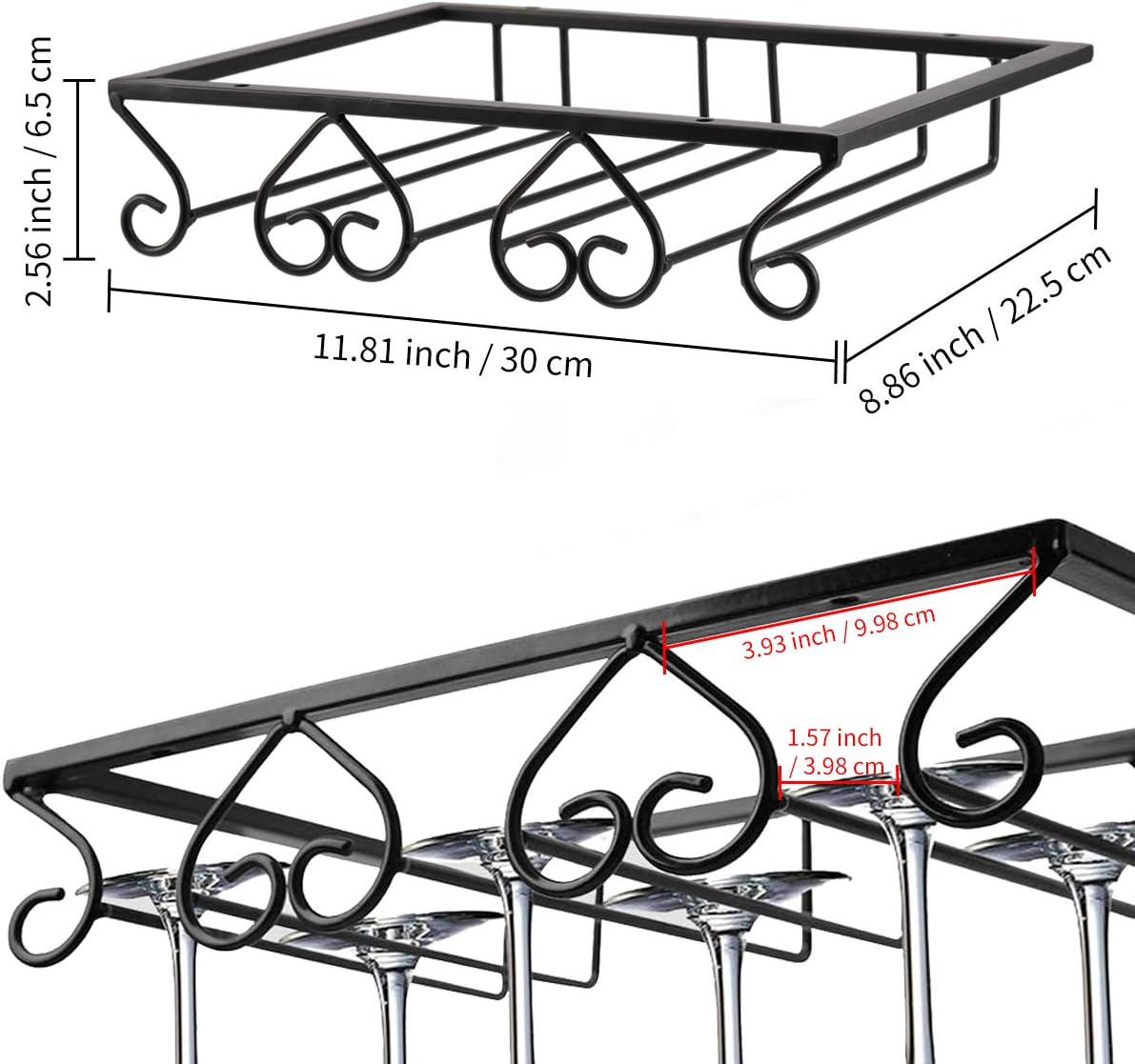 Housolution Wine Glass Rack Under Cabinet, 3 Rows Heart-Shaped Stemware Rack Wine Glass Hanger Rack Storage Hanger for Kitchen Bar - Black