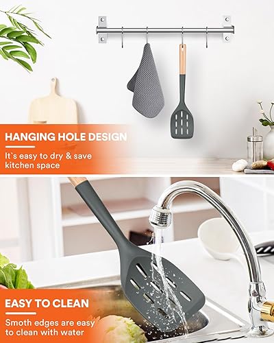 Miniatura 6 de Espátula de silicona antiadherente, borde flexible antiarañazos para sartenes, mango de madera cómodo antideslizante, resistente al calor, espátulas