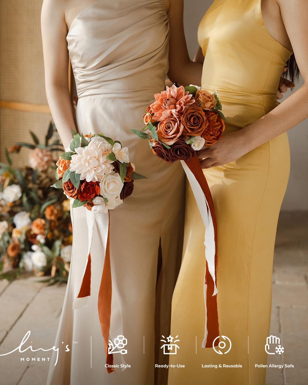 Ling's Moment Artificial Flowers Fake Silk Dahlia Faux Foam Roses Combo for DIY Wedding Bouquets Centerpieces Arrangements Bridal Shower Party Home Decorations, Amber & Terracotta, 23pcs - Image 6