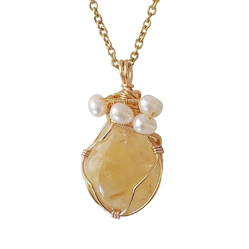 Designs by Nature Gems Raw Citrine & Pearl Necklace, November Birthstone Jewelry, June Crystal, With 24 Inch Chain Gold Plated Chain, Genuine Raw
