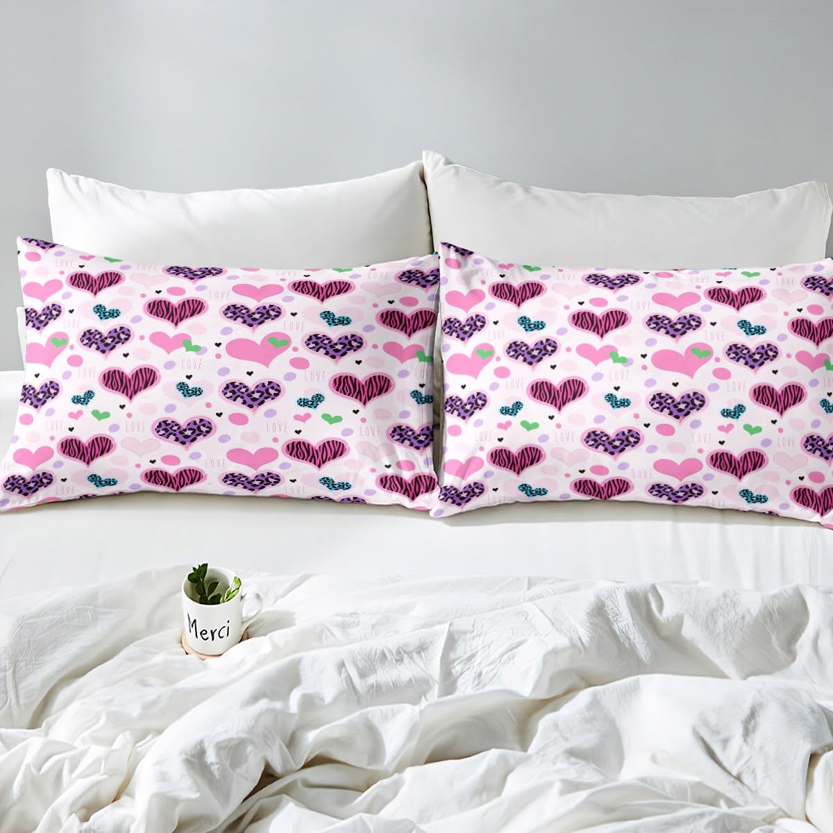 Homemissing Set di lenzuola per bambini, ragazzi e ragazze, con stampa a cuore ghepardo, con tasca profonda, lenzuolo con angoli, per letto singolo, romantico, decorazione per San Valentino, set di