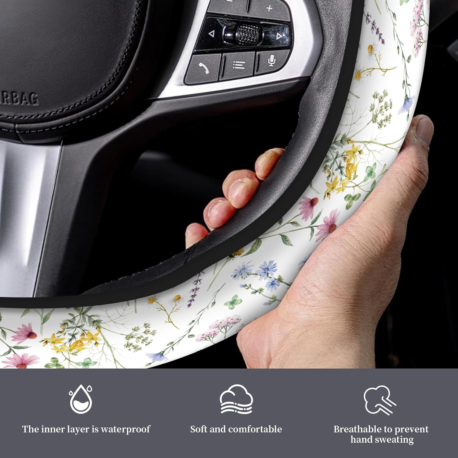 Car Steering Wheel Cover, Universal 15 Inch Non-Slip Breathable Neoprene Elastic Steering Wheel Protector, Cute Car Accessories for Women Men Fit Auto, Suvs Beautiful Flowers - Image 2