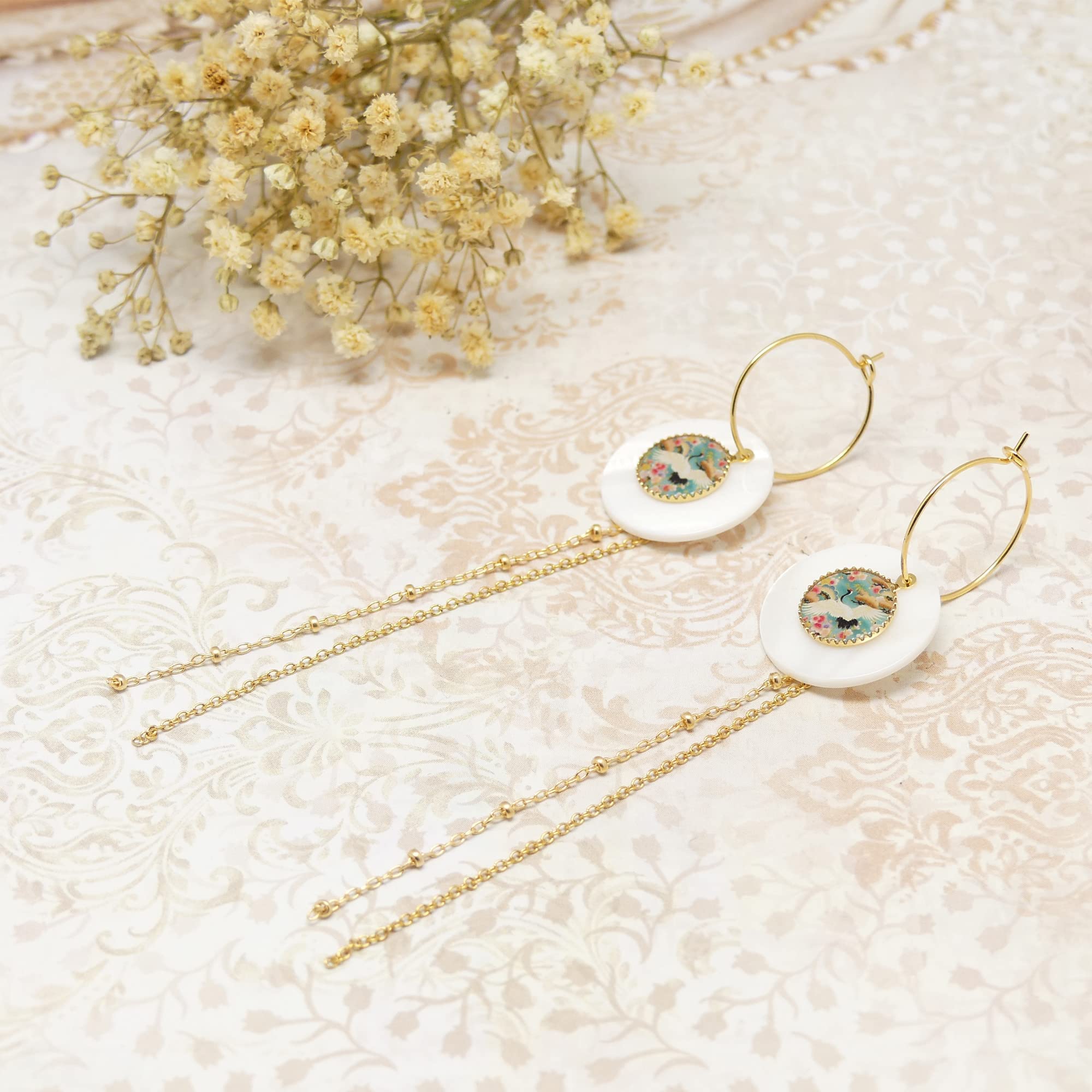 Mini aros Crane Japon verde oro rosa intercambiables latón dorado oro 24K lentejuela resina