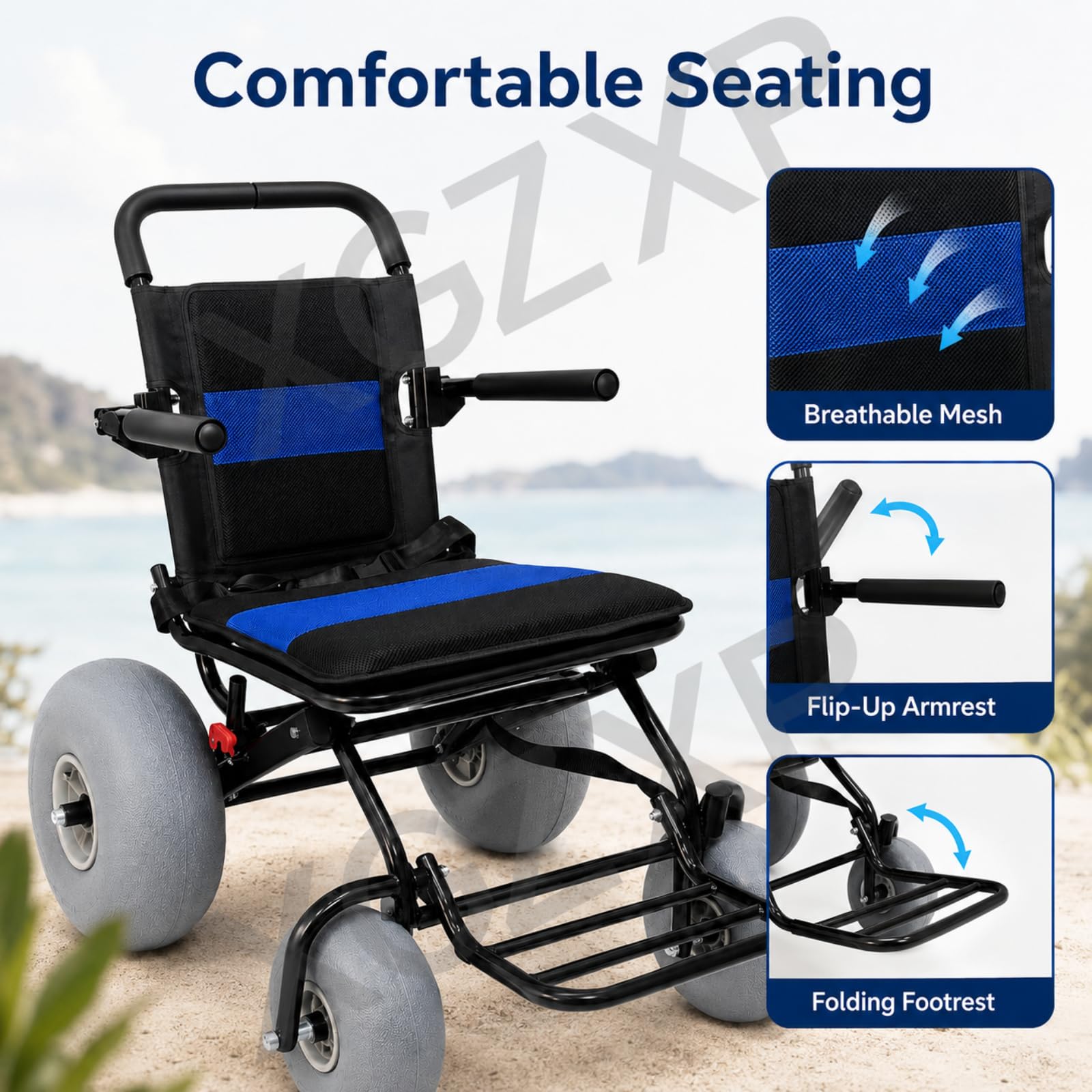 Silla De Ruedas Todoterreno Para Playa, Plegable, Con Neumáticos Anchos, Capacidad De 100 Kg, Reposapiés Plegable, Para Playa, Césped, Grava Y Acceso Al Agua