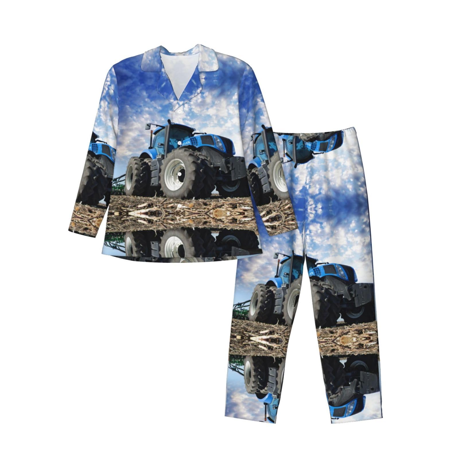 Langärmeliges Pyjama-Set für Herren, Motiv: Bauernhof-Traktor, bequemer und modischer Schlafanzug