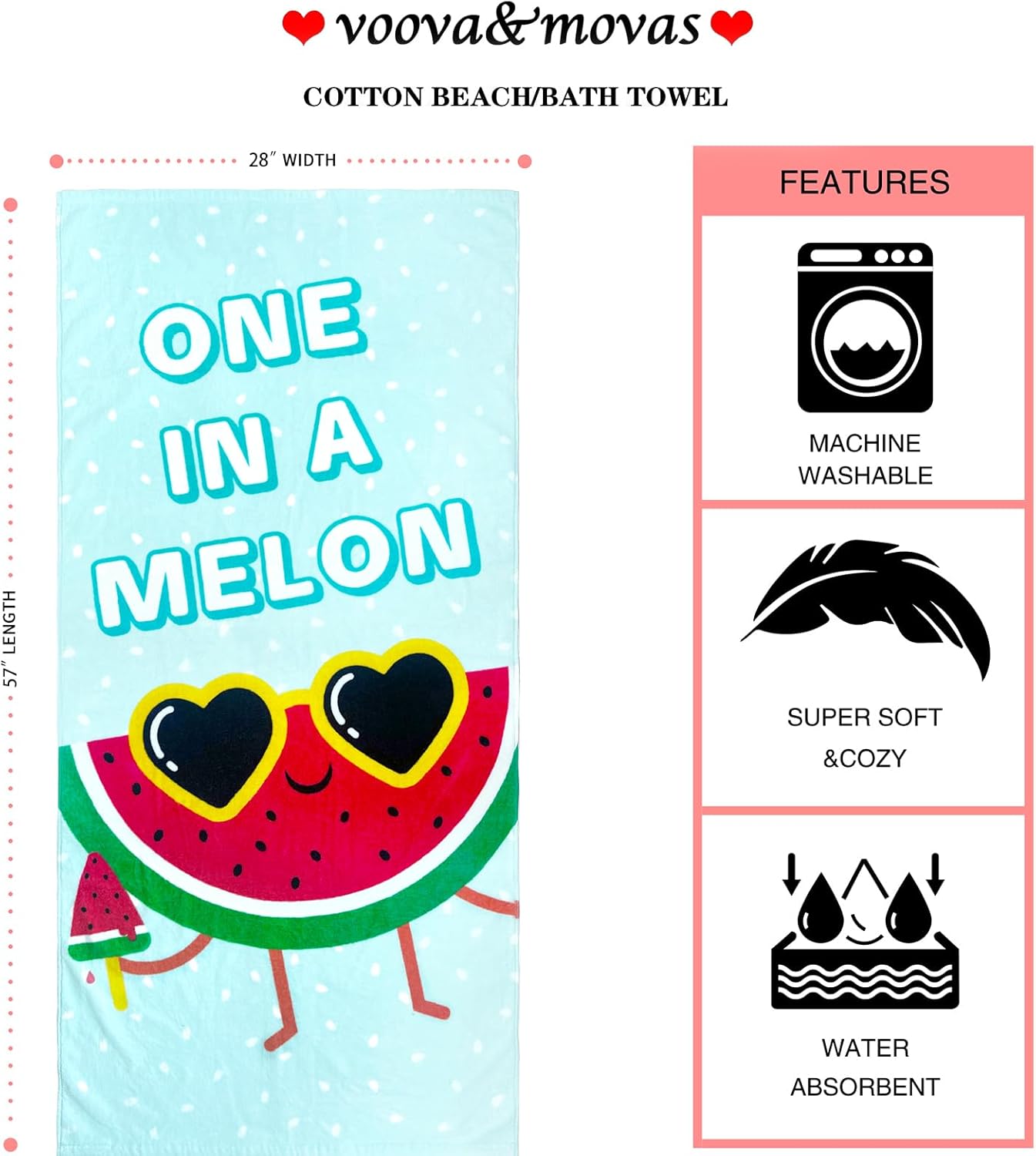 VOOVA & MOVAS Kids Beach Towels Set 2PC,100% Cotton, Large,Soft, Absorbent, Summer Watermelon, Color Stripe