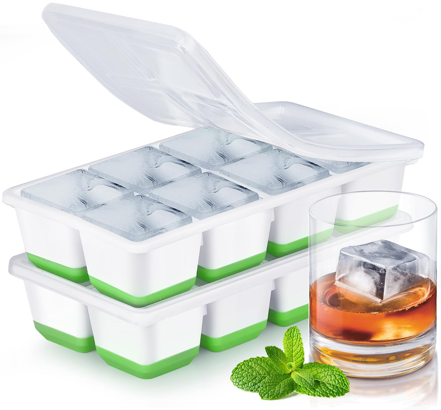 Cubiteras para Hielo Grande, JRISBO 2 Piezas Cubitera Silicona con Tapa para Cubitos de Hielo, Cubitera Silicona sin BPA Apilables Moldes de Hielo Ice Cube Tray para Cóctel Whisky (Azul + Verde) — view 10