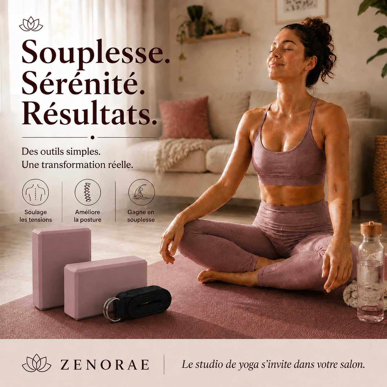 Kit Yoga ZENORAE – 2 Blocs EVA Haute Densité + Sangle Coton 2,5m – Briques Antidérapantes pour Yoga, Pilates, Stretching, Étirements & Fitness
