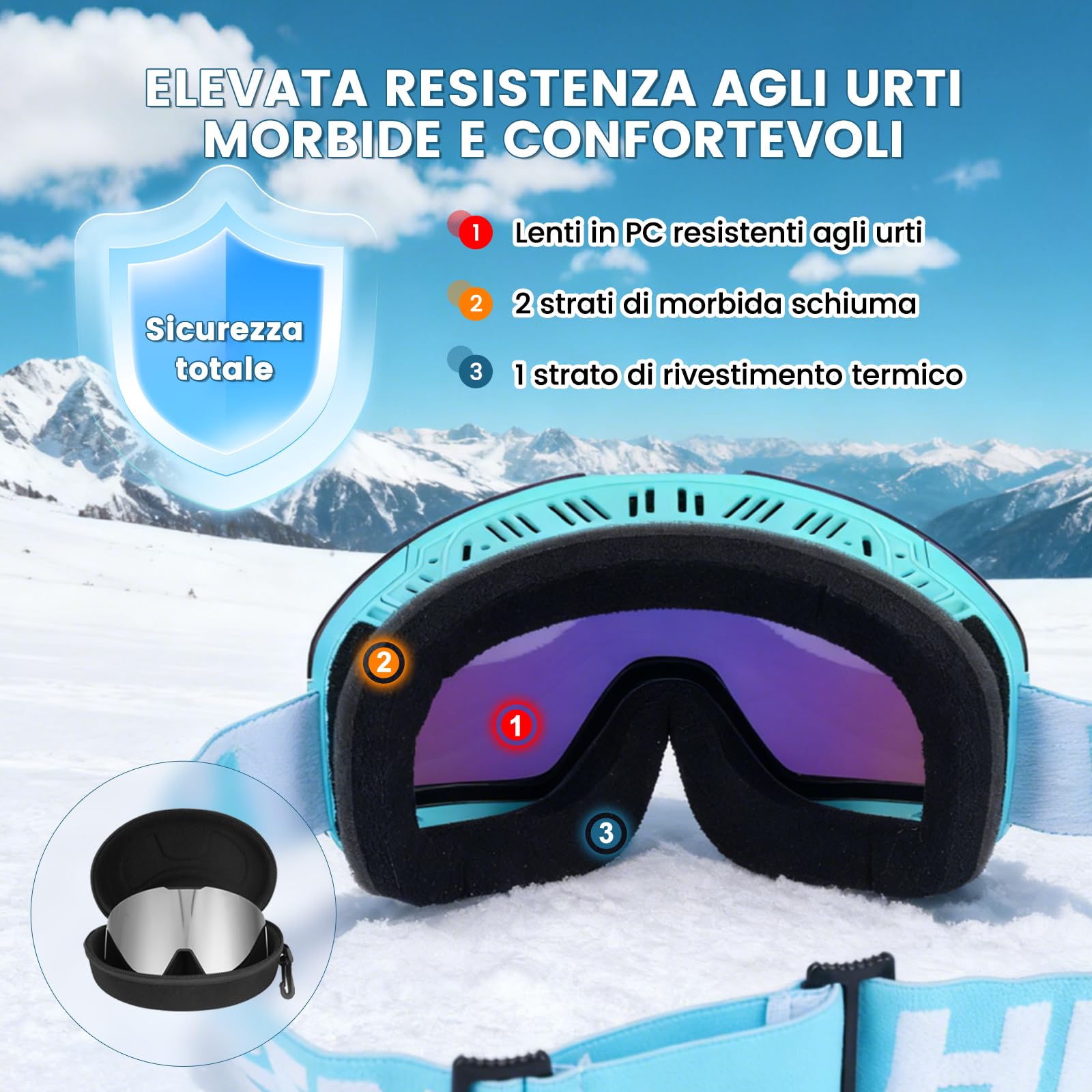 Hikeen Occhiali da Sci Fotocromatici, Effetto Iridescente, Antiappannamento con Protezione UV, con Rivestimento a 3 Strati per Sci e Snowboard, con Custodia, Unisex