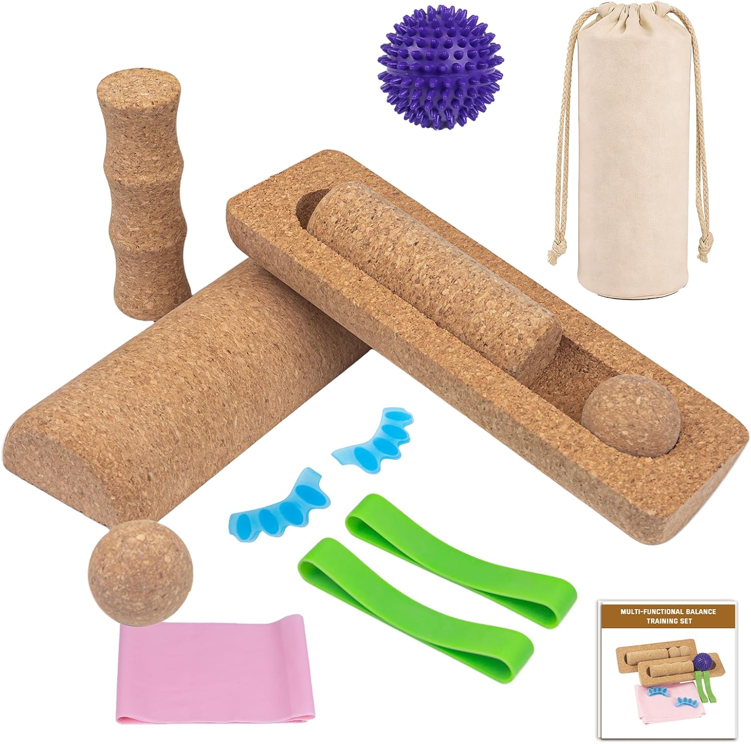 Cork Balance Board for Adults, Foot & Ankle Strengthener Balance Trainer with Cork Roller, Spiky Massage Ball, Toe Correctors & Stretch Strap, Foot Balance Board Set for Mobility, Stability & Functional Training
