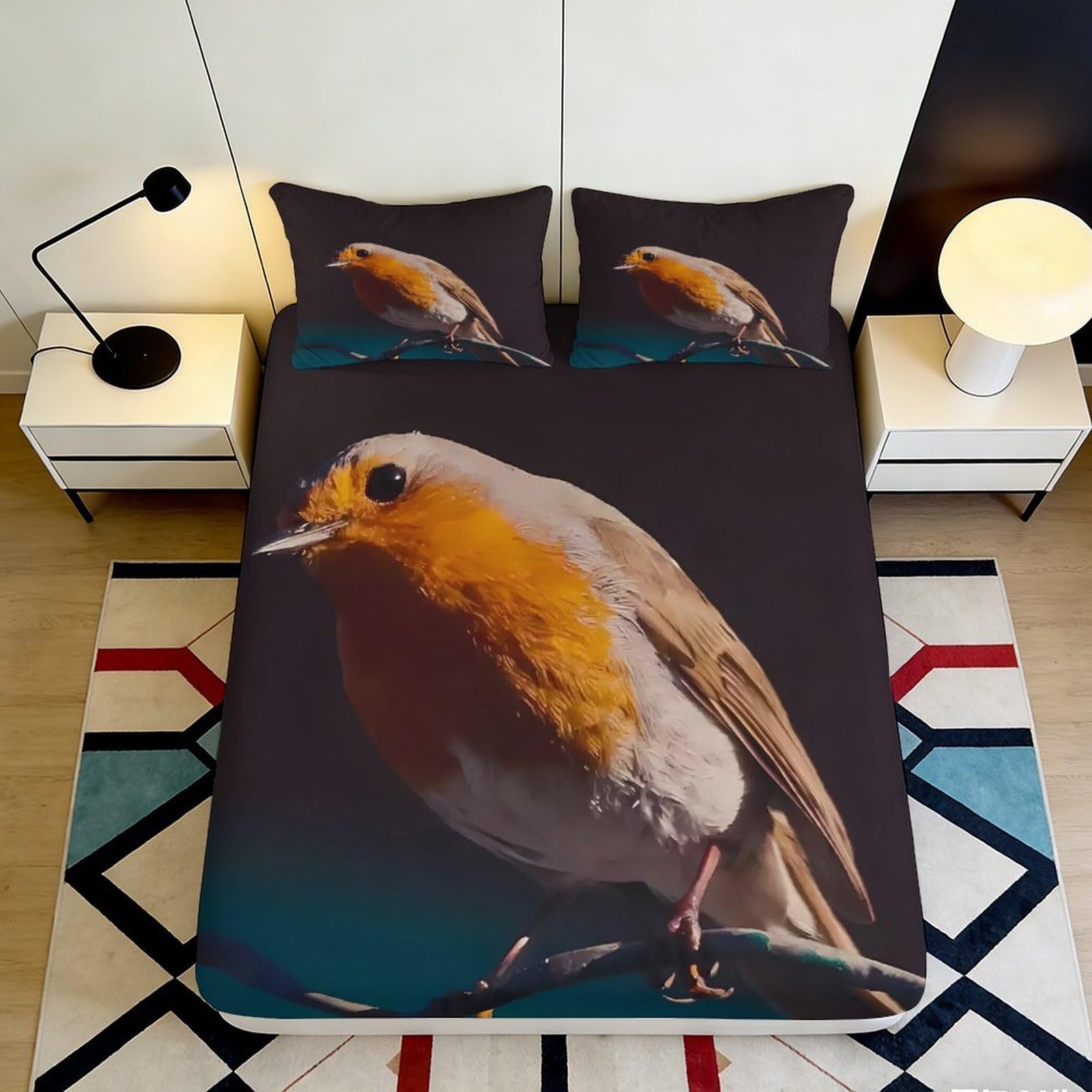 3D Printed Robin Bird Fitted Sheet Microfiber Soft Breathable Forest Branch Bed Cover for Bedroom Dorm Mattress Protection Decor 90x200x25cm