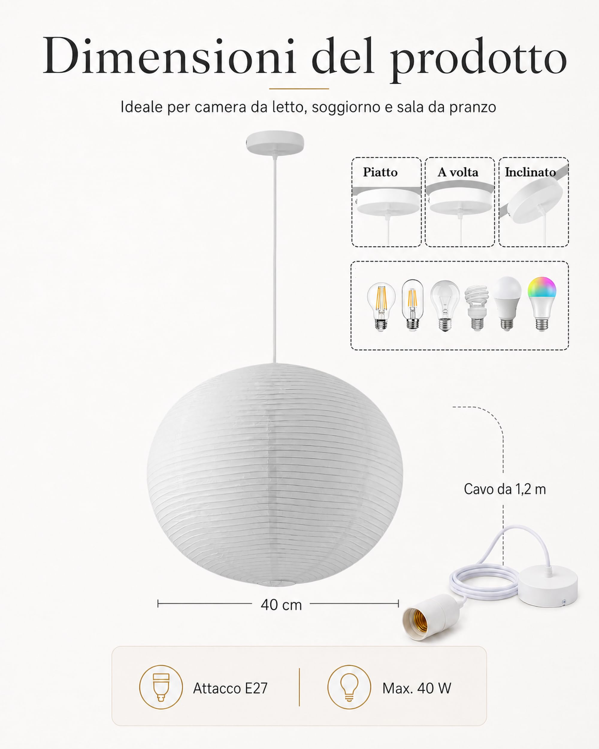 ACMHNC Lampada a Sospensione Giapponese In Carta, 40 cm, E27 | Paralume in carta 40 cm, Lampadario Completo con Portalampada E27, Cavo 1,2 m, Per Camera, Soggiorno, Sala da Pranzo, Hotel