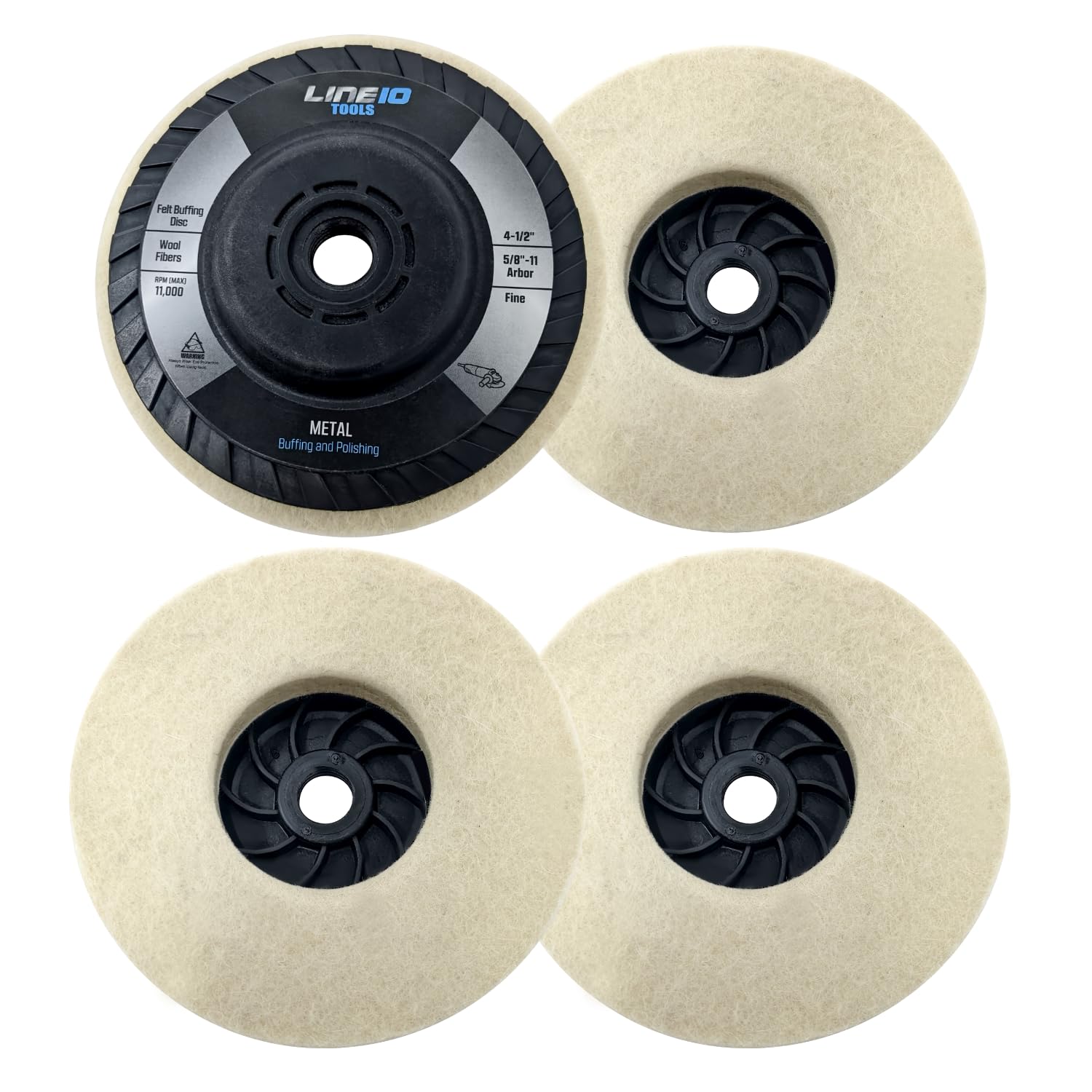 LINE10 Tools 4pk Felt Buffing Disc 4-1/2 inch with 5/8-11 Threaded Arbor for Angle Grinders