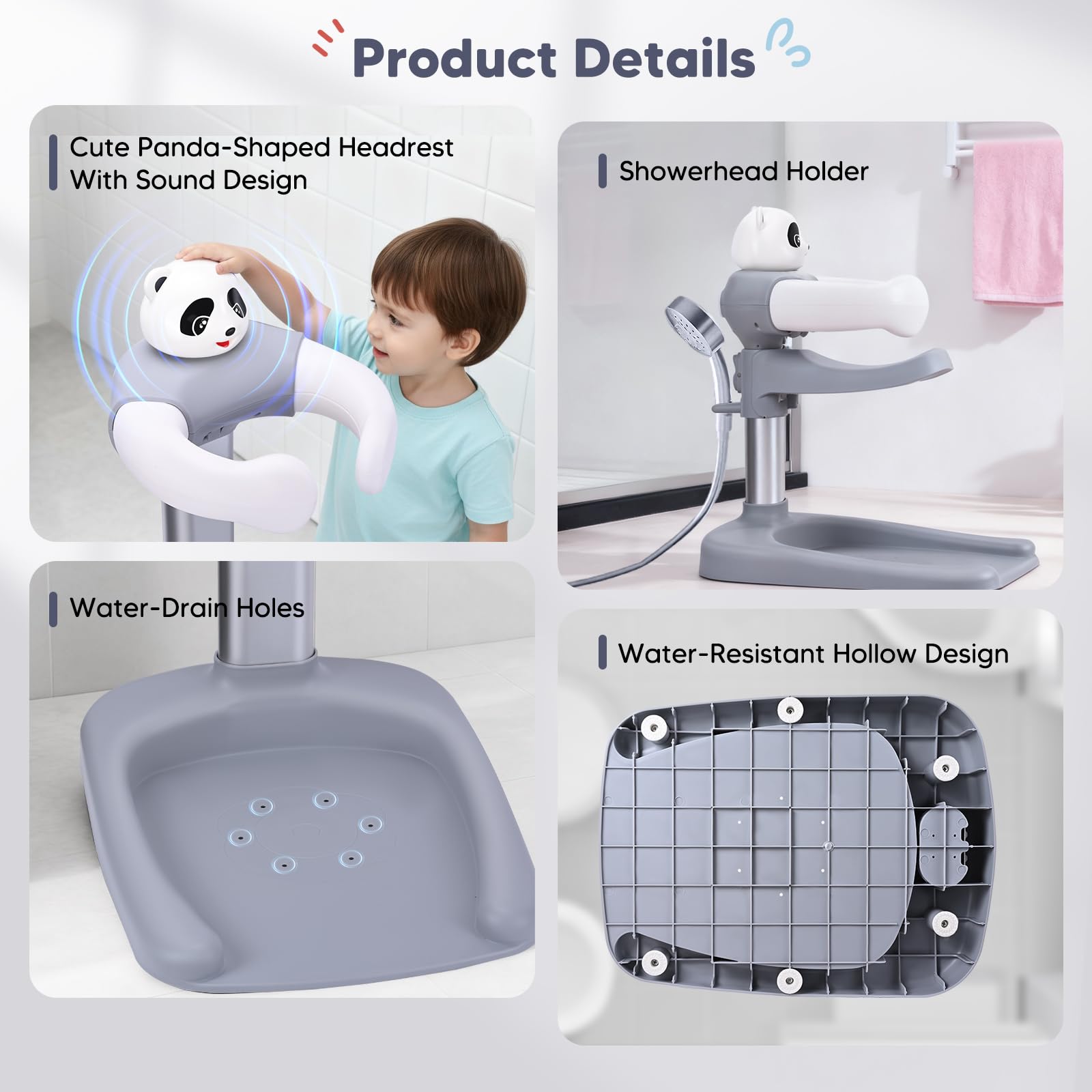 Vasca da bagno per bambini con supporto doccia, anti-schiacciamento, antiscivolo, torre doccia regolabile per bambini in piedi, supporto doccia ideale per neonati