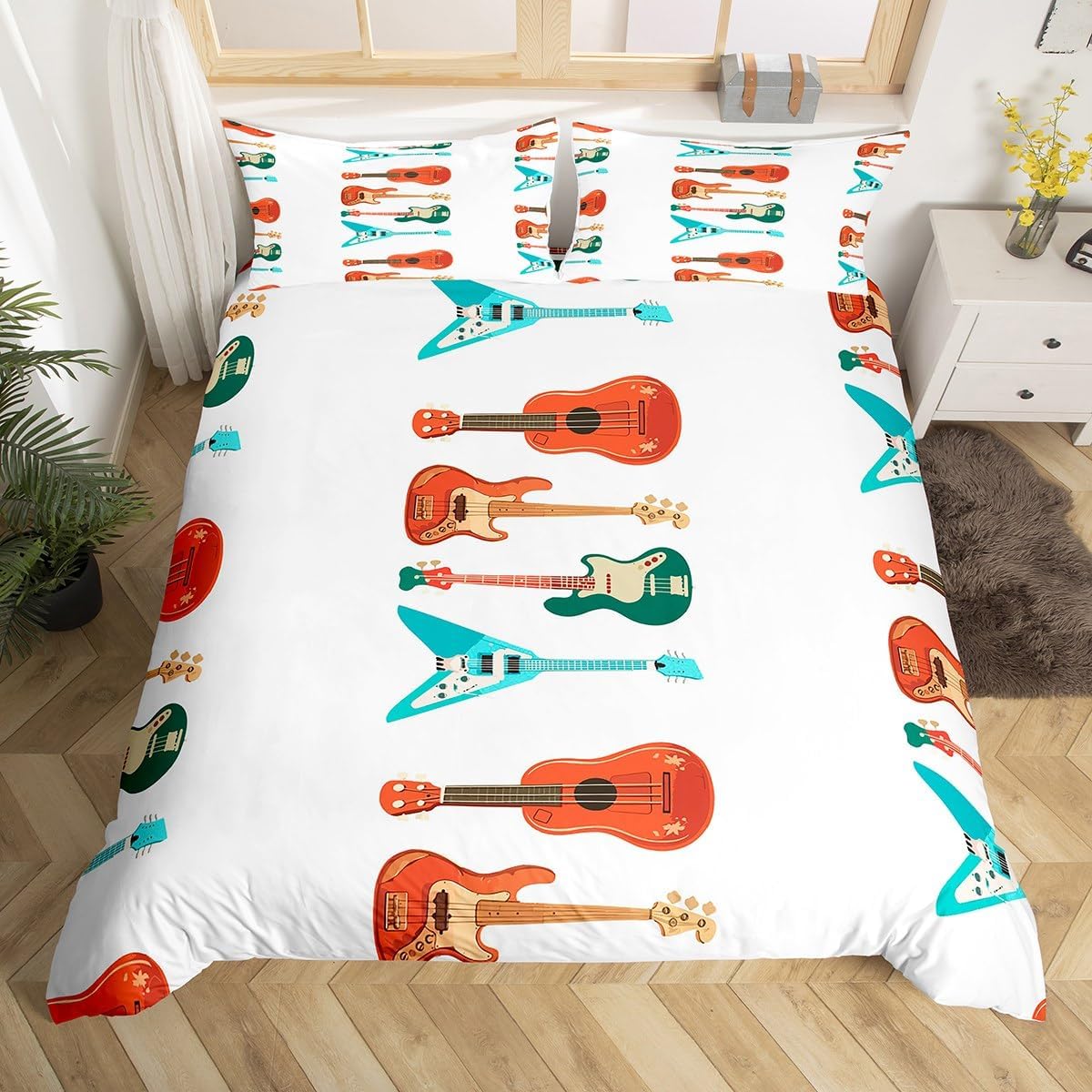 Erosebridal Guitar Twin Size Duvet Cover Music Themed Comforter Cover for Kids Boys Girls Music Equipment Bedding Set White Minimalist Quilt Cover 1 Pillowcase