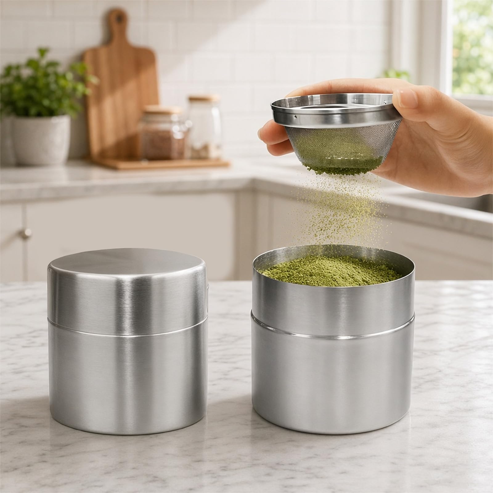 Generic Matcha Powder Sifter and Storage Tin Set Stainless Steel 300ml Matcha Shaker Canister with Fine Mesh