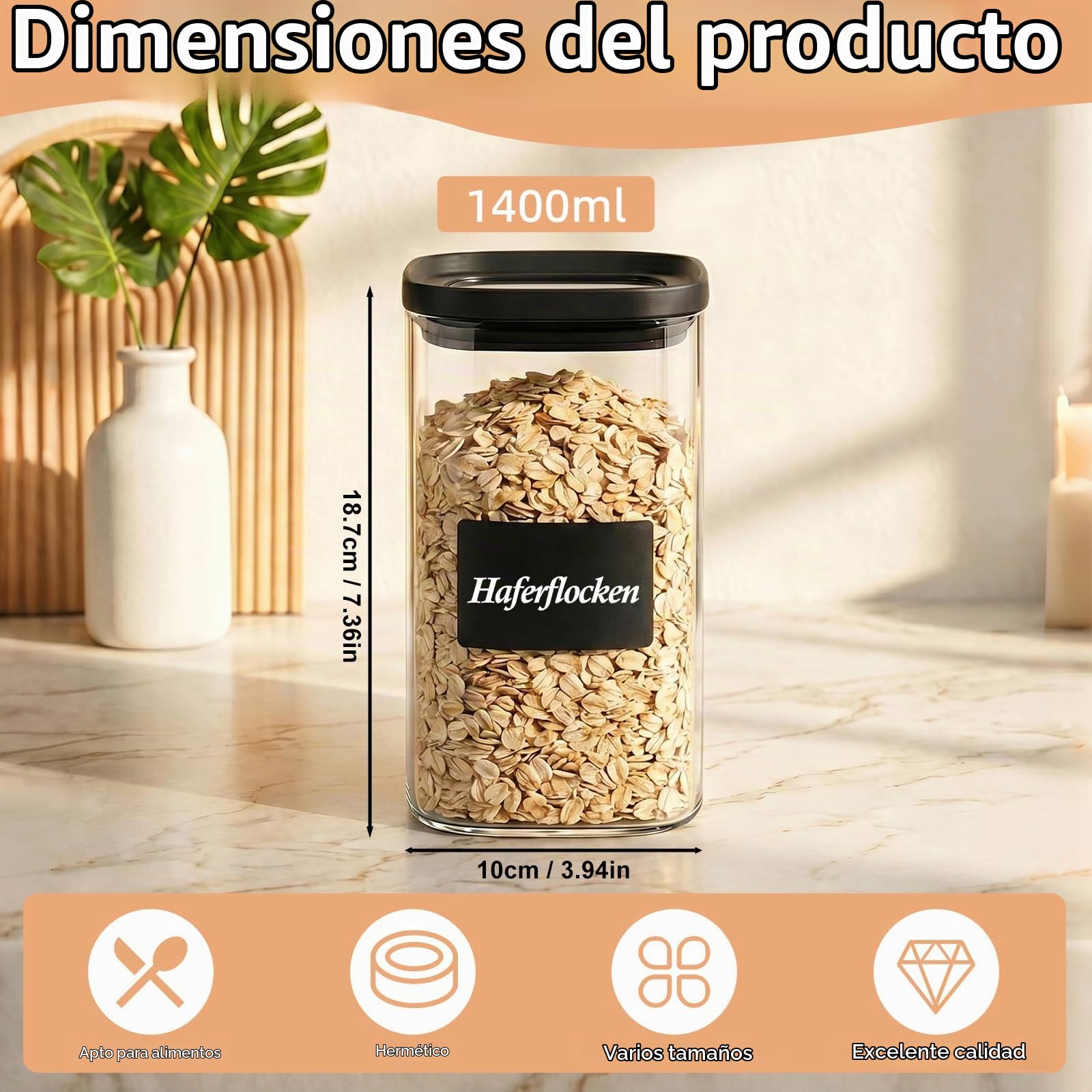 twoant Juego de 4 Cuadrada Tarros de Cristal Con Tapa Hermética y Apilable Transparente，1400ml Cocina Botes Almacenaje Ideales Para Guardar Especias, Pasta, Legumbres, Avena, Cereales, Etc