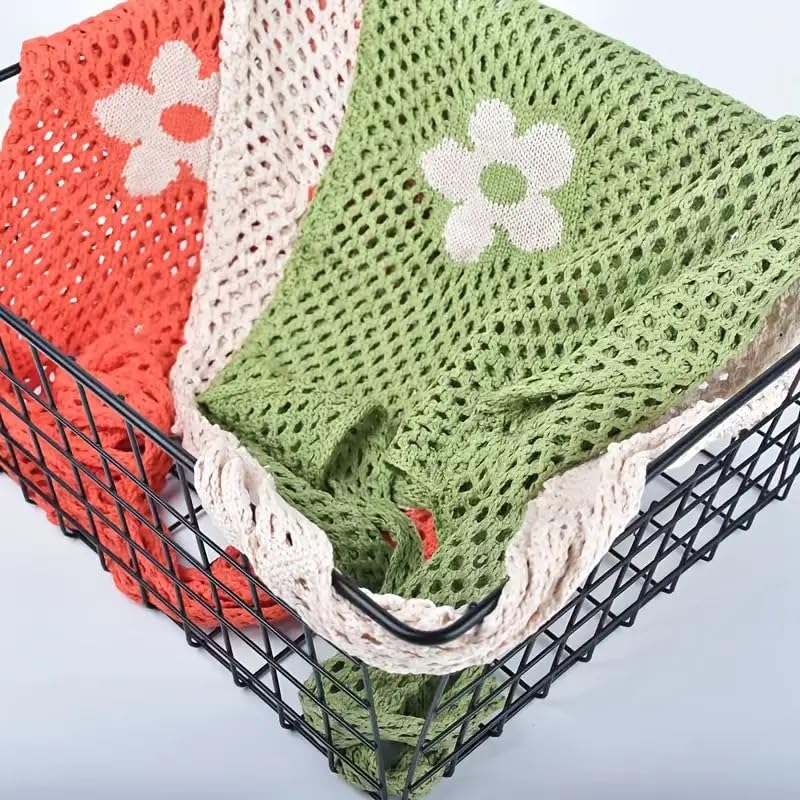 Knitted Flower Design Beach Mesh Tote Bag for Women, Stylish Shoulder Handbag Perfect for Grocery Shopping4