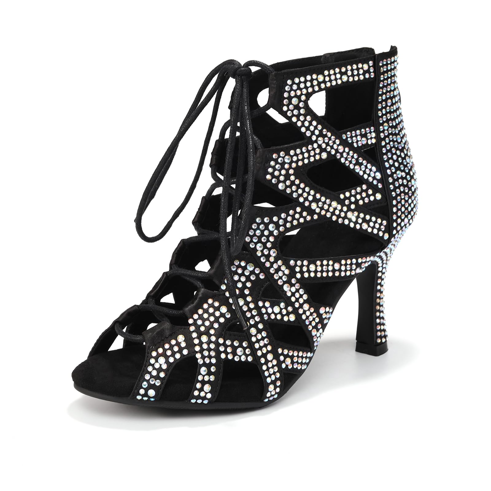 Stivali da Ballo Latino Americano Donna con Punta Aperta Strass con Tacco Scarpe da Ballo Donna