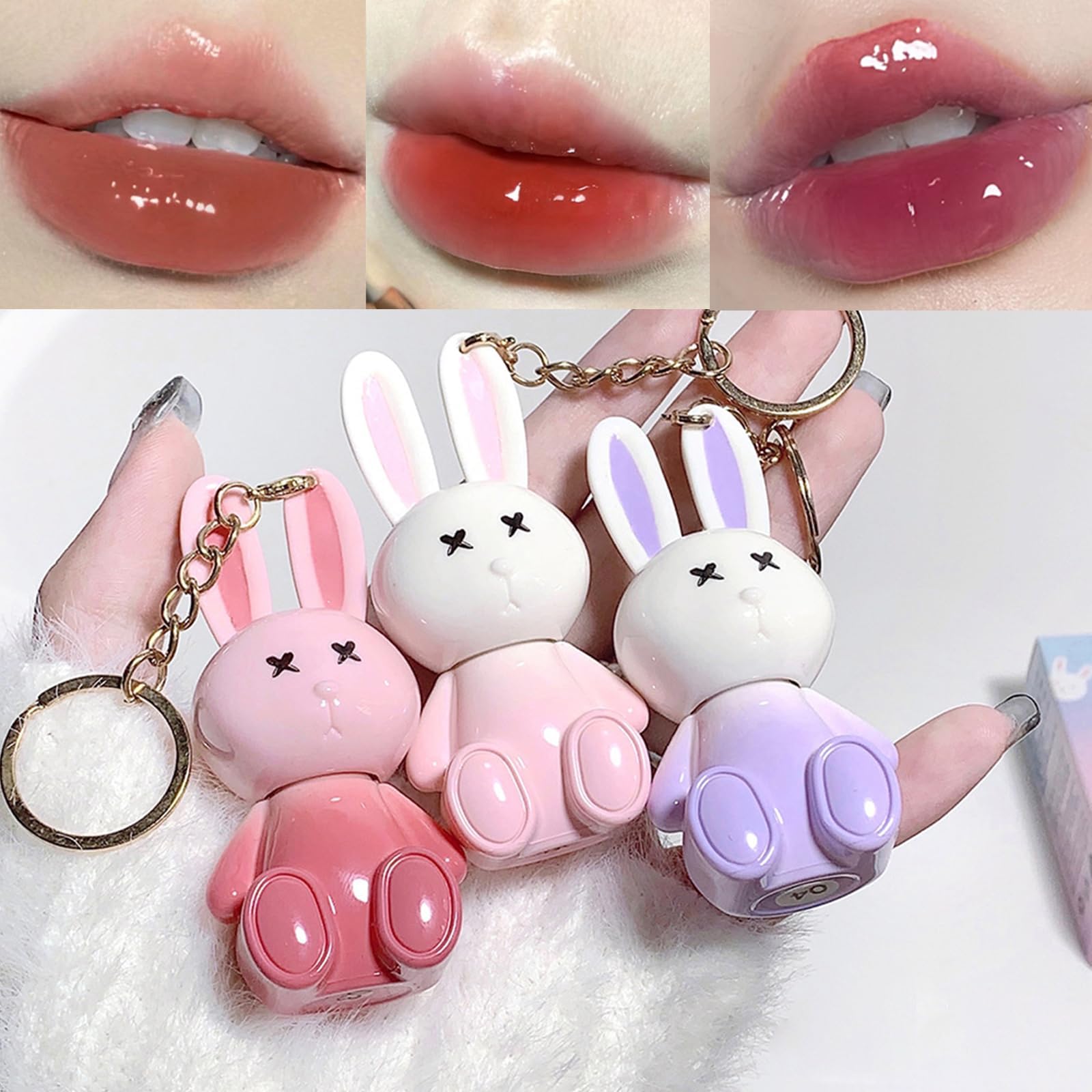 3Psc Rabbit Key chain Jelly Lip Glaze,Moisturising Crystal Keychain 2 in 1Lip Glow Gel,Sparkling Lipgloss Liquid Lipstick Set, Hydrating Sweet Lip Gloss Set