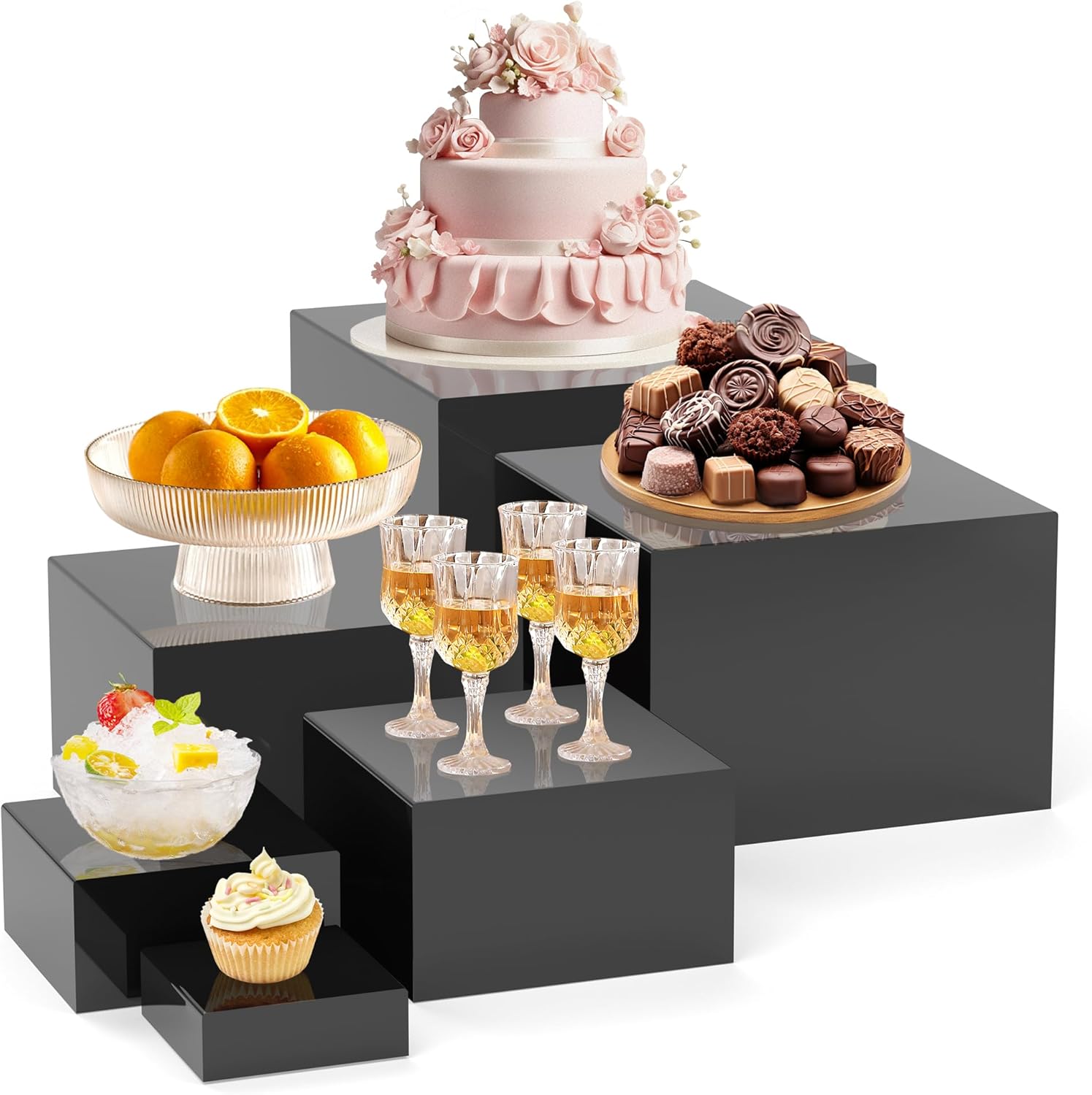 6Pcs Buffet Risers, Food Risers for Buffet Table, Acrylic Boxes for Display Cube Riser Display Stand for Party Catering Dessert Collectibles, Black Set (Size 8", 7", 6", 5", 4", 3")