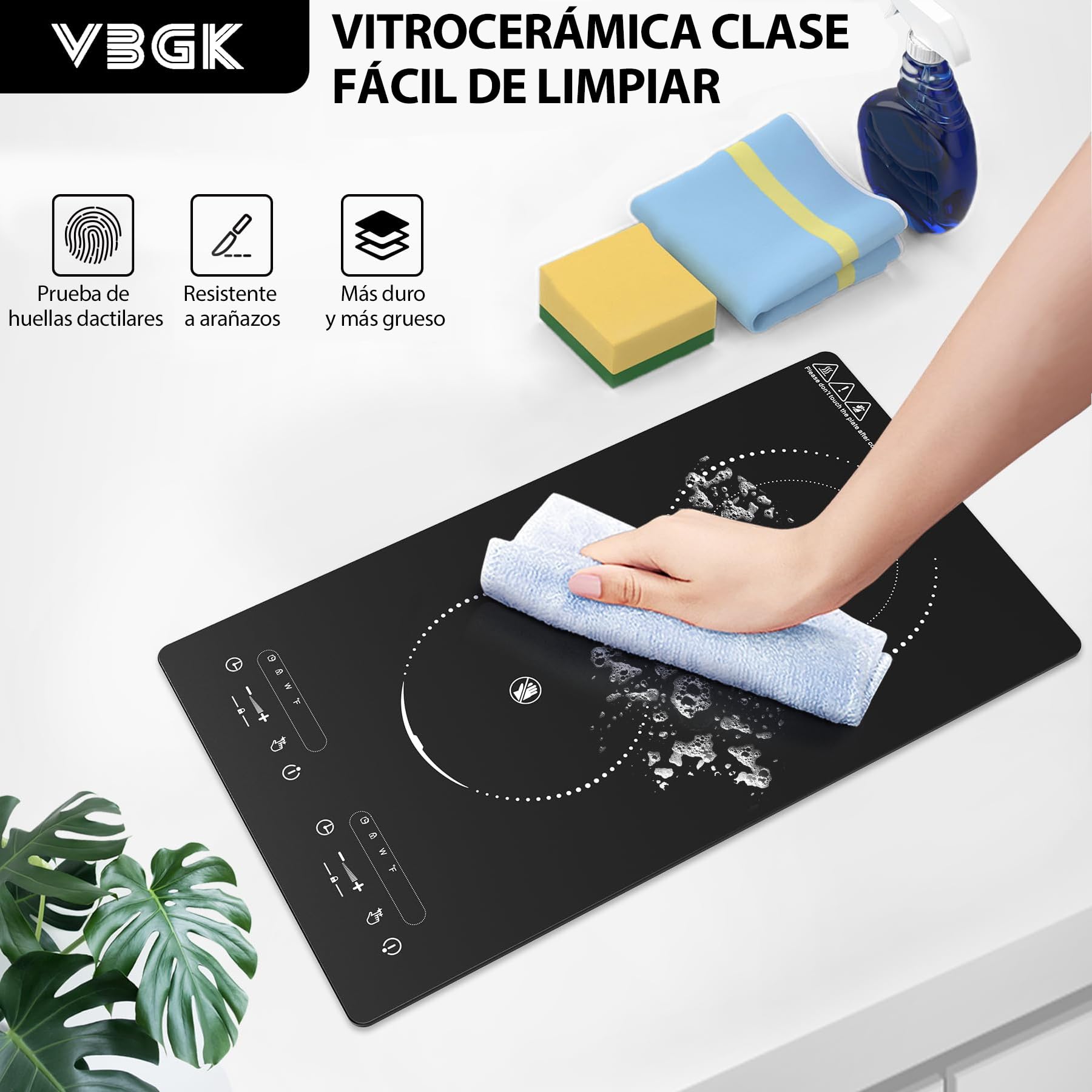 VBGK Placa Vitrocerámica 2 Fuegos con Enchufe, 3000W Placa Electrica Cocina Empotrable, 9 Niveles de Potencia, Temporizador, Bloqueo Niños, Compatible con Todos los Utensilios, 220-240V