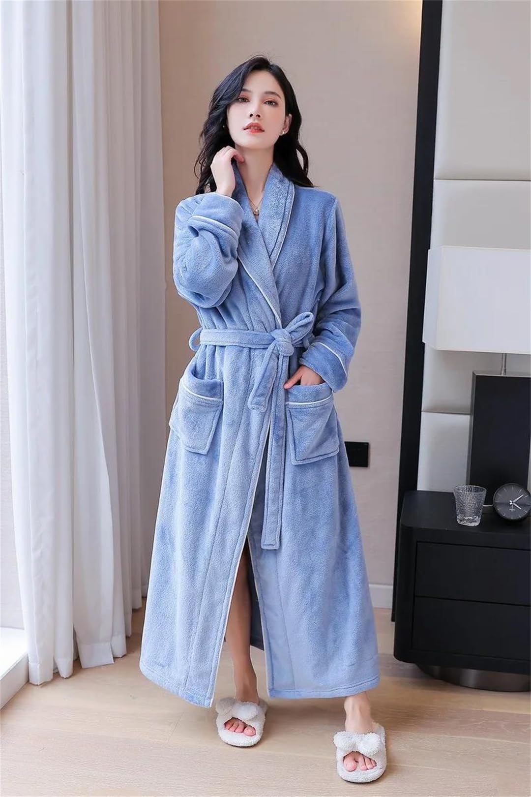 Albornoz de invierno para hombre y mujer, de forro polar mullido, para dormir y dormir largo, para hotel y spa