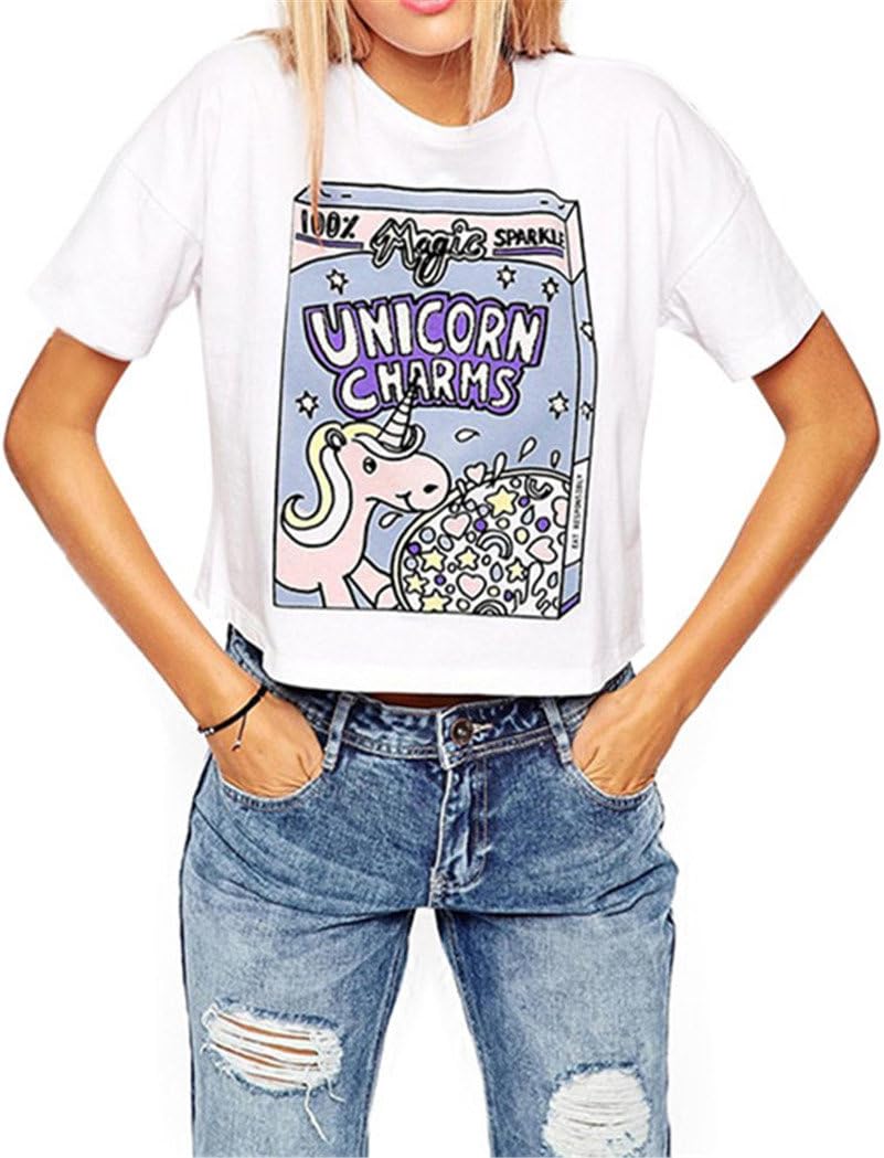 Nova Fashion Women's Girls' Cute Unicorn Charms Print Tee Shirt Crop Top
