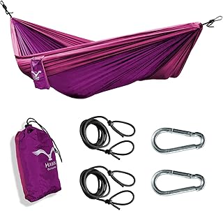 HAWK OUTDOORS Ultraleicht Hängematte Outdoor | Hänge Matte mit 2 Karabiner + 2 Seile | 200kg Traglast Reisehängematte |...