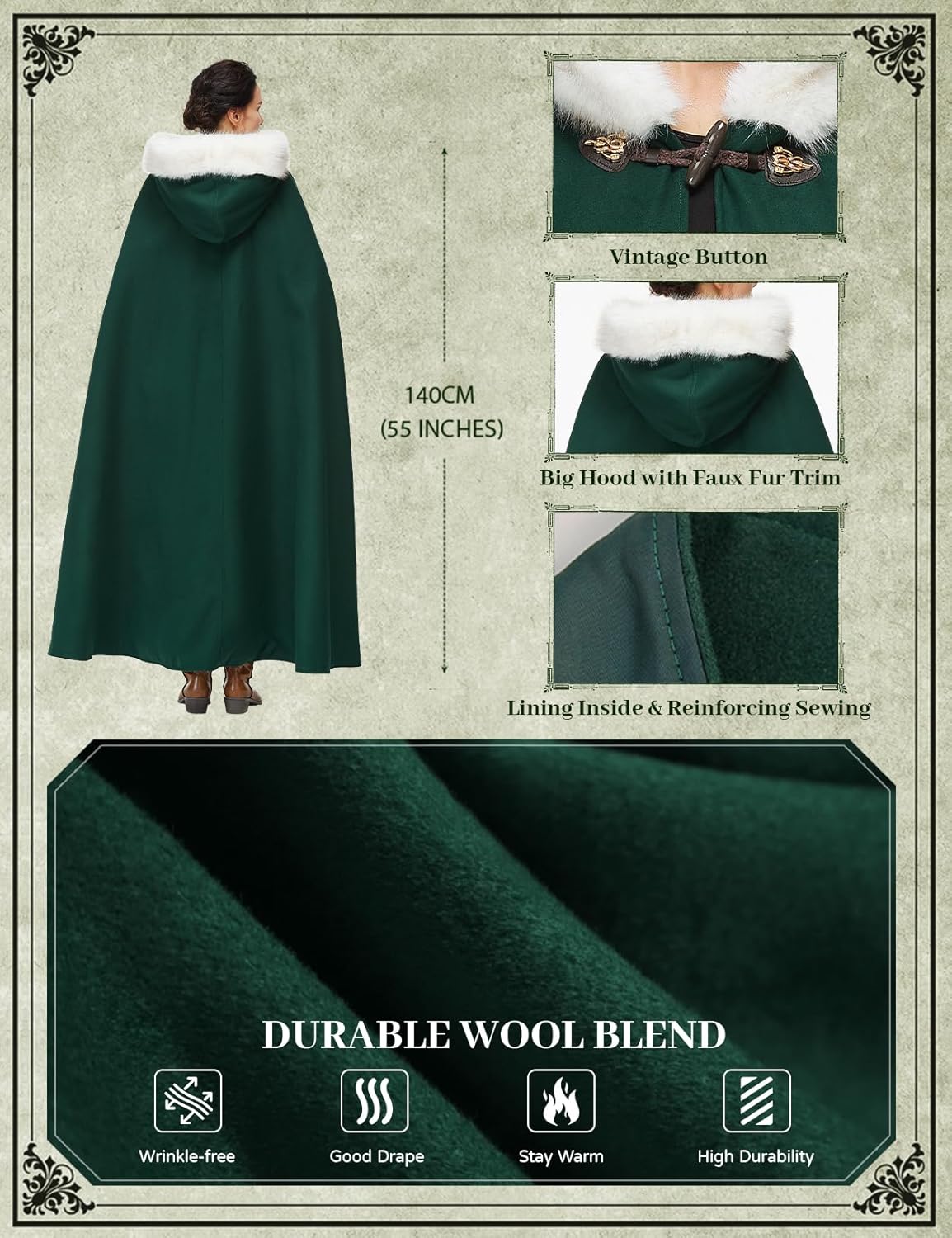 Women Renaissance Cloak Medieval Cape with Faux Fur Hooded for Halloween Cosplay - Image 5