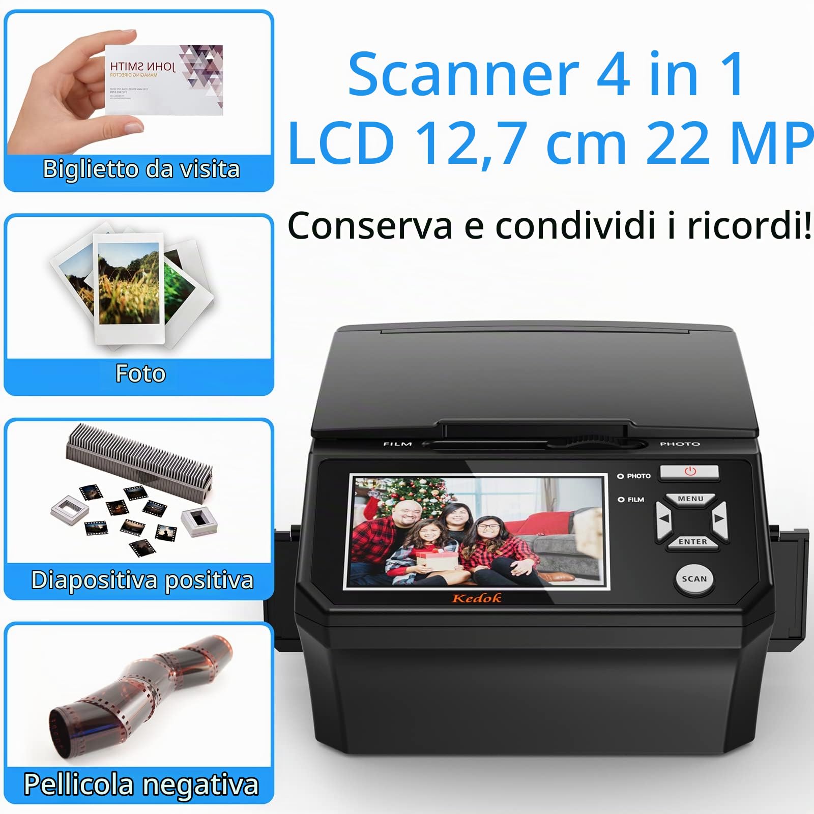 Kedok Multi-scanner per foto, diapositive e negativi,Convert 35mm,110 Film/Photo/NameCard to 22MP Digital JPEG,con schermo LargE da 5”