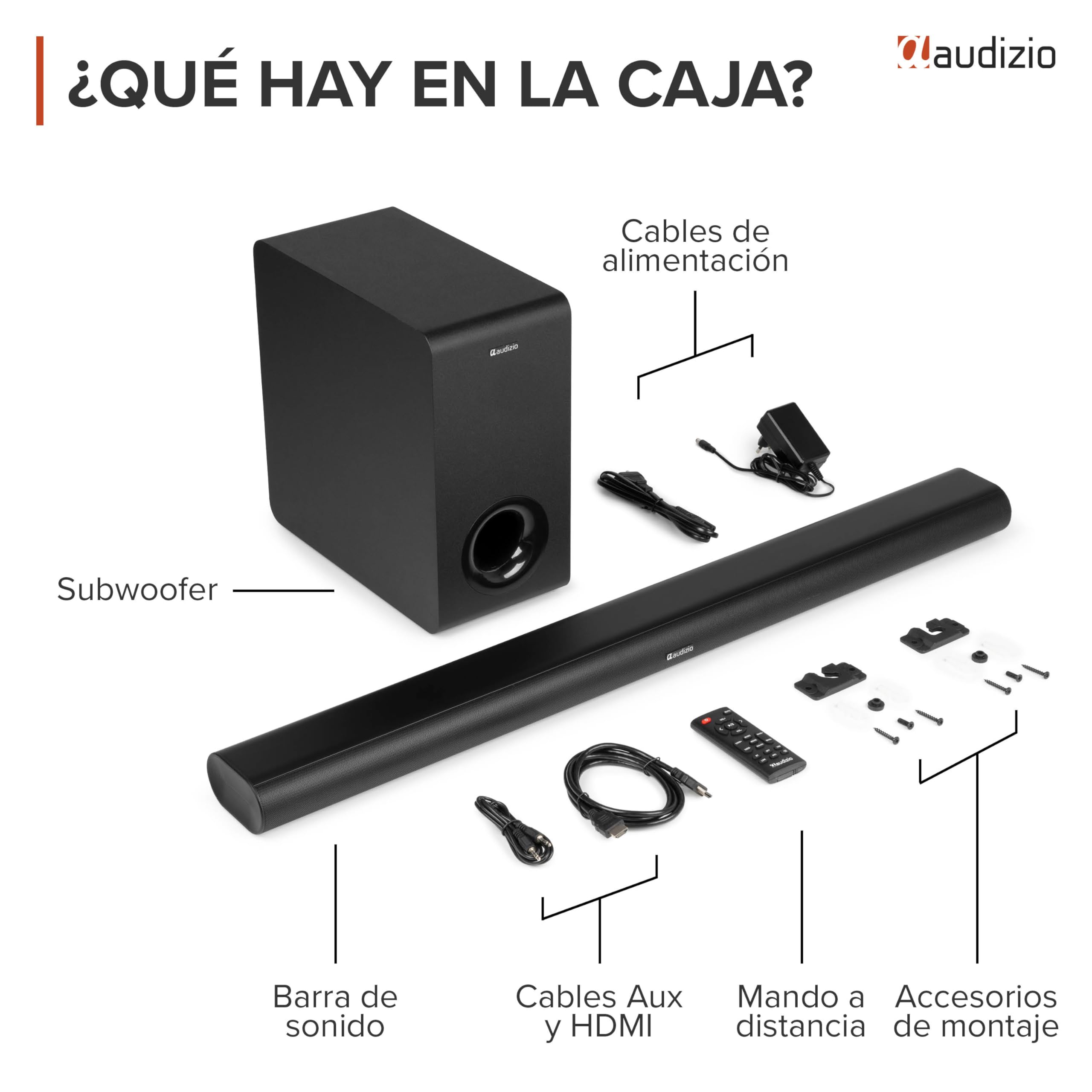 Audizio SB96WS – Barra de Sonido 180W con subwoofer inalámbrico 6,5”, HDMI ARC, Bluetooth 5.3, USB, óptica y AUX, soundbar 90 cm para TV, Color Negro