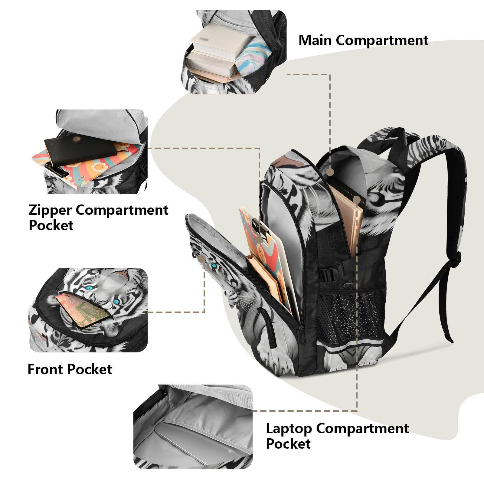 Sac à dos de voyage pour ordinateur portable pour homme et femme Tigres noirs Cool Cartables 44,5 cm Sac à dos avec compartiment pour ordinateur portable Sac à dos bagage