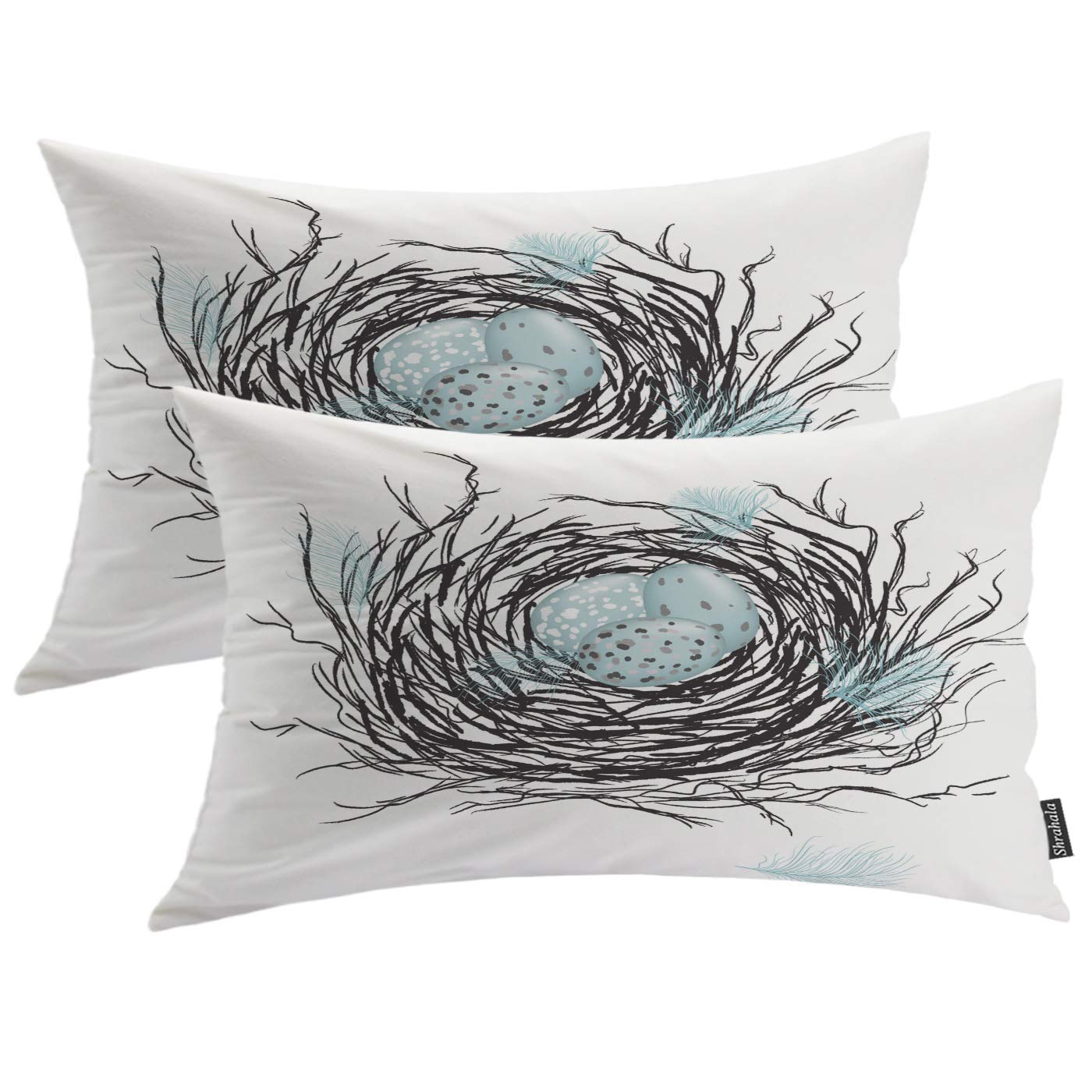 Shrahala Bird Blue Decorative Pillow Covers, Birds Nest with Robins Eggs Cushion Case for Sofa Bedroom Car Throw Pillow Covers Cushion Cover Lumbar 12 x 20 Inches Blue 02, Set of 2