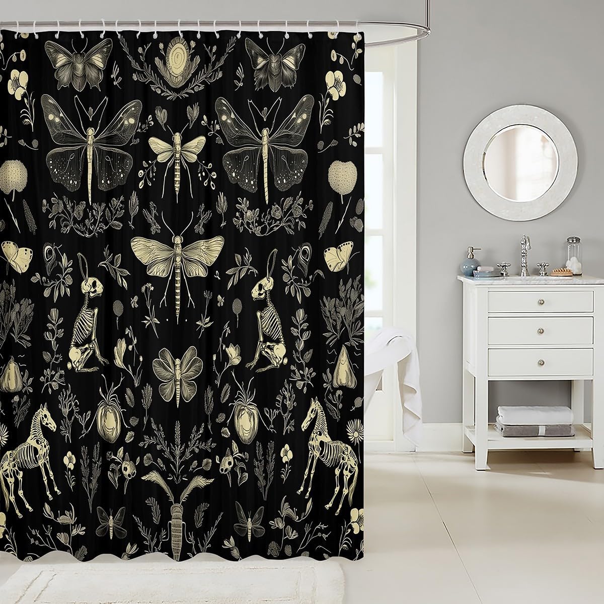 Feelyou Halloween Bath Curtain for Girls Boys Kids 72"x78" Boho Moth Gothic Skull Shower Curtain for Bathroom Decor Bat Skeleton Horror Theme Bathroom Accessories Coal Black for Stalls Bathtubs