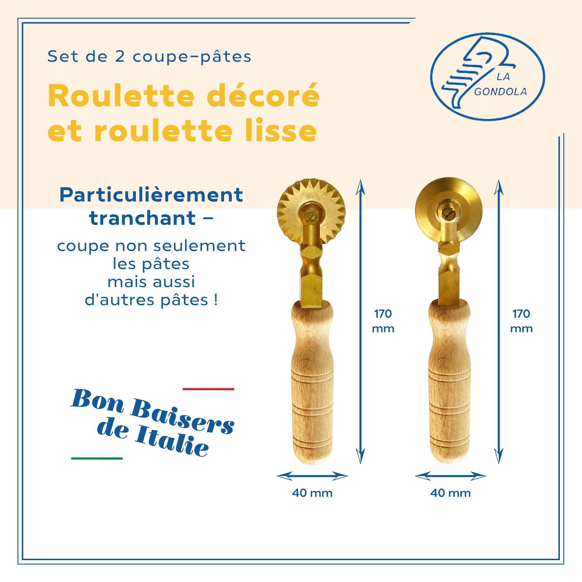 La Gondola Lot de 2 Roulettes Coupe-Pâtes - Roue Lisse et Roue Décoré | Outils de Préparation des Fait Maison Pâtes | Laiton & Bois Naturel Roulettes Découpe | Roulettes à Ravioli Fabriqué en Italie
