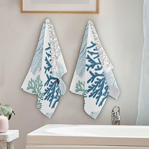 Miniatura 32 de Juego de 2 toallas de mano de hojas verdes para baño, toallas de baño de ramas de eucalipto verde azulado, suaves y absorbentes, toallas de cocina