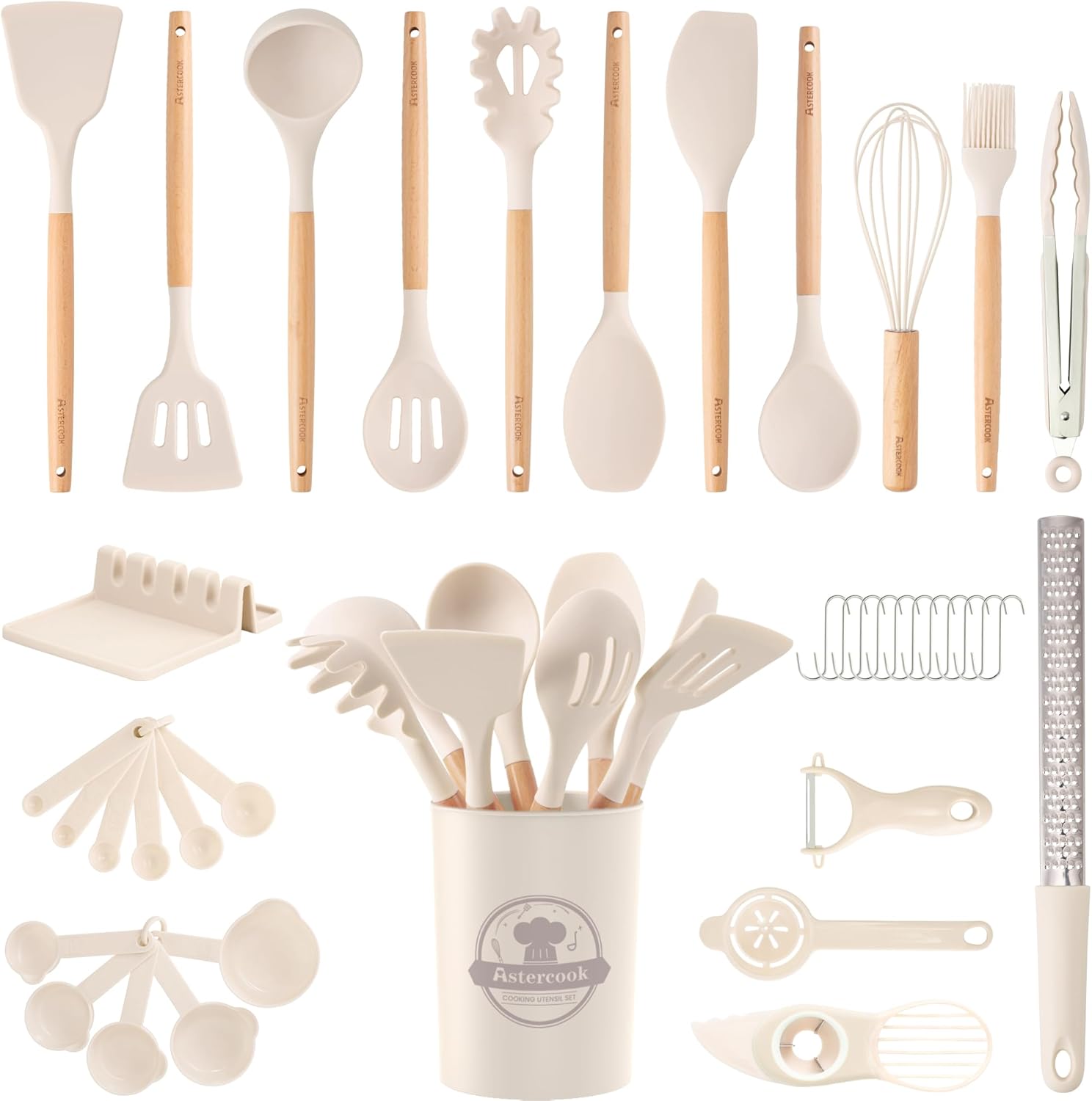 Astercook Juego de utensilios de cocina de silicona, 38 piezas, resistentes al calor de 446 F, juegos de utensilios de cocina de grado alimenticio