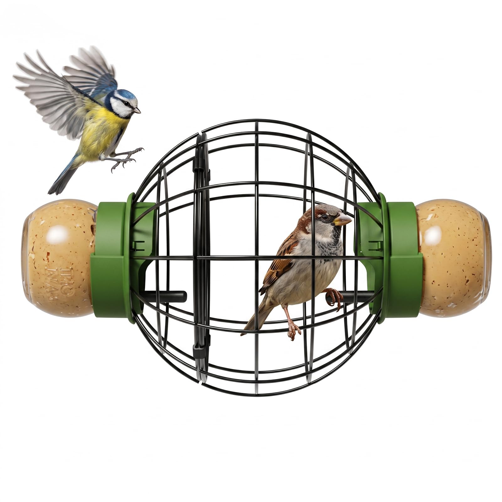 LONA Squirrel Proof Bird Feeder for Outdoor, All-Weather Metal Caged Bird Feeder for Small Birds with Peanut Butter Jar Holder and Perches, Round Cage (2 Feeding Units)