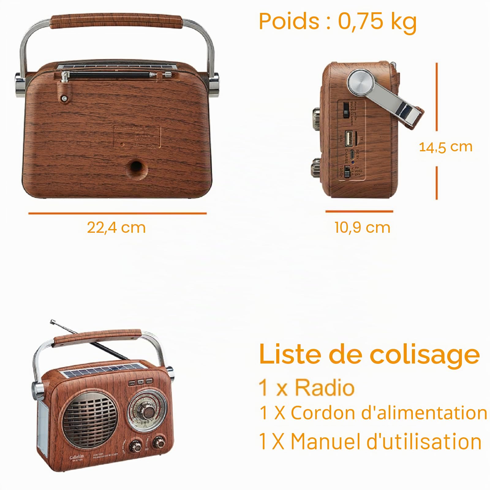 Gelielim Radio rétro portable, radio AM FM courte avec meilleure réception, petite radio vintage avec haut-parleur Bluetooth, prend en charge carte TF/lecteur USB, lampe de poche d'urgence