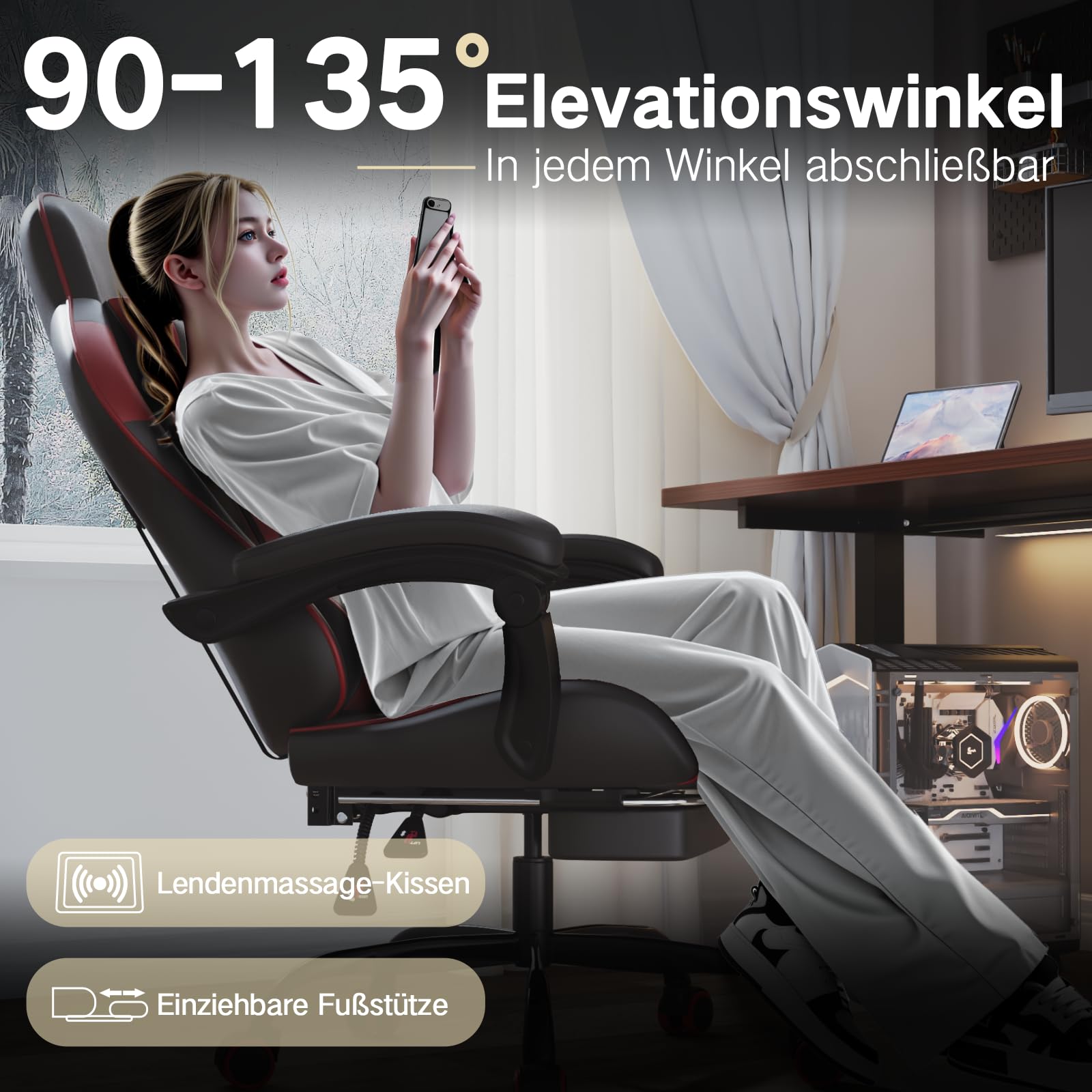 Sedia Da Gaming Devoko Massaggiante Con Poggiapiedi - Regolabile 90-135°, Portata 150kg, Nero - Foto 8