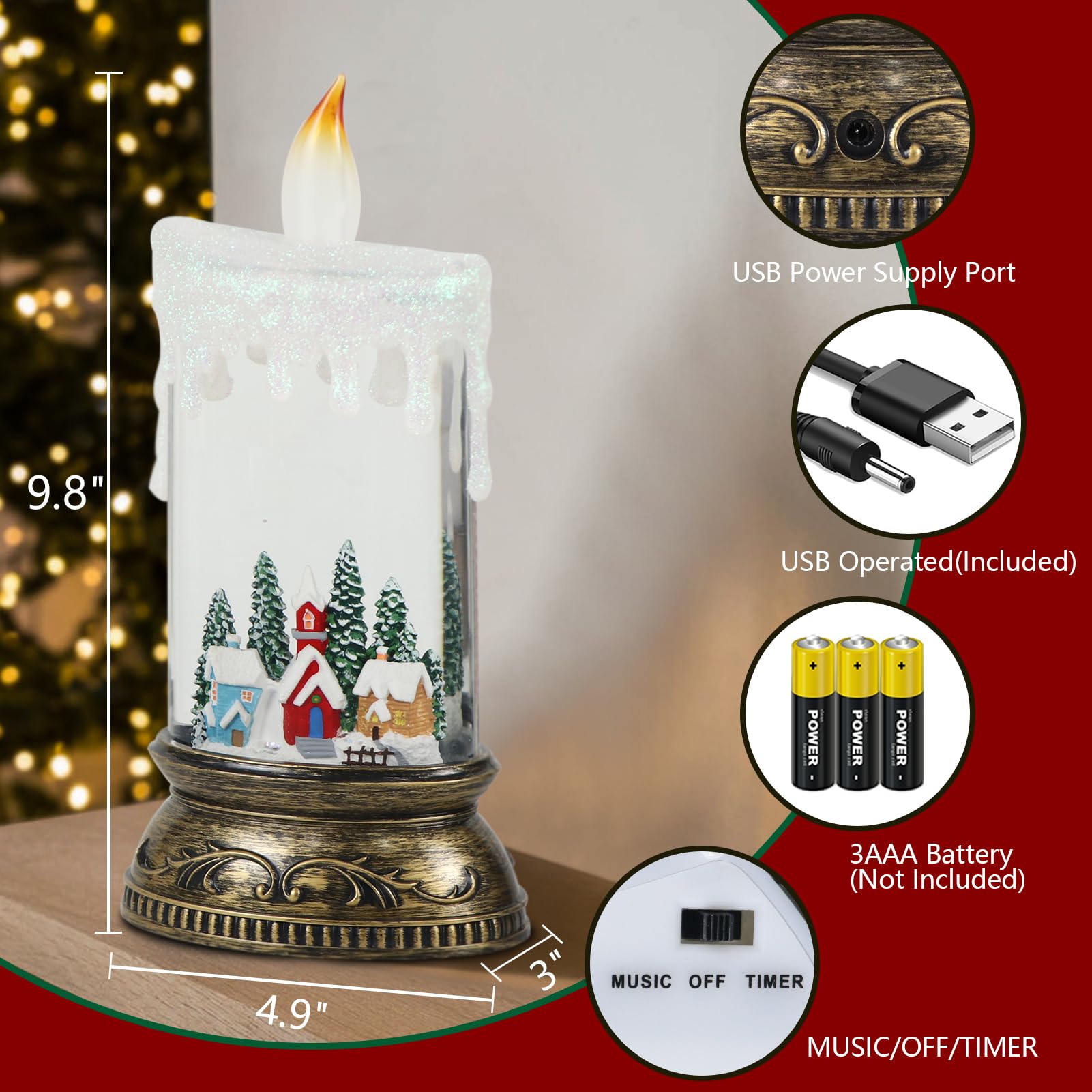 Eldnacele Weihnachts-Schneekugel-Laterne mit Timer und Musik, batteriebetrieben/USB-betrieben, beleuchtete Wasserlaterne für Weihnachtsdekorationen (Schneekabinenszene)